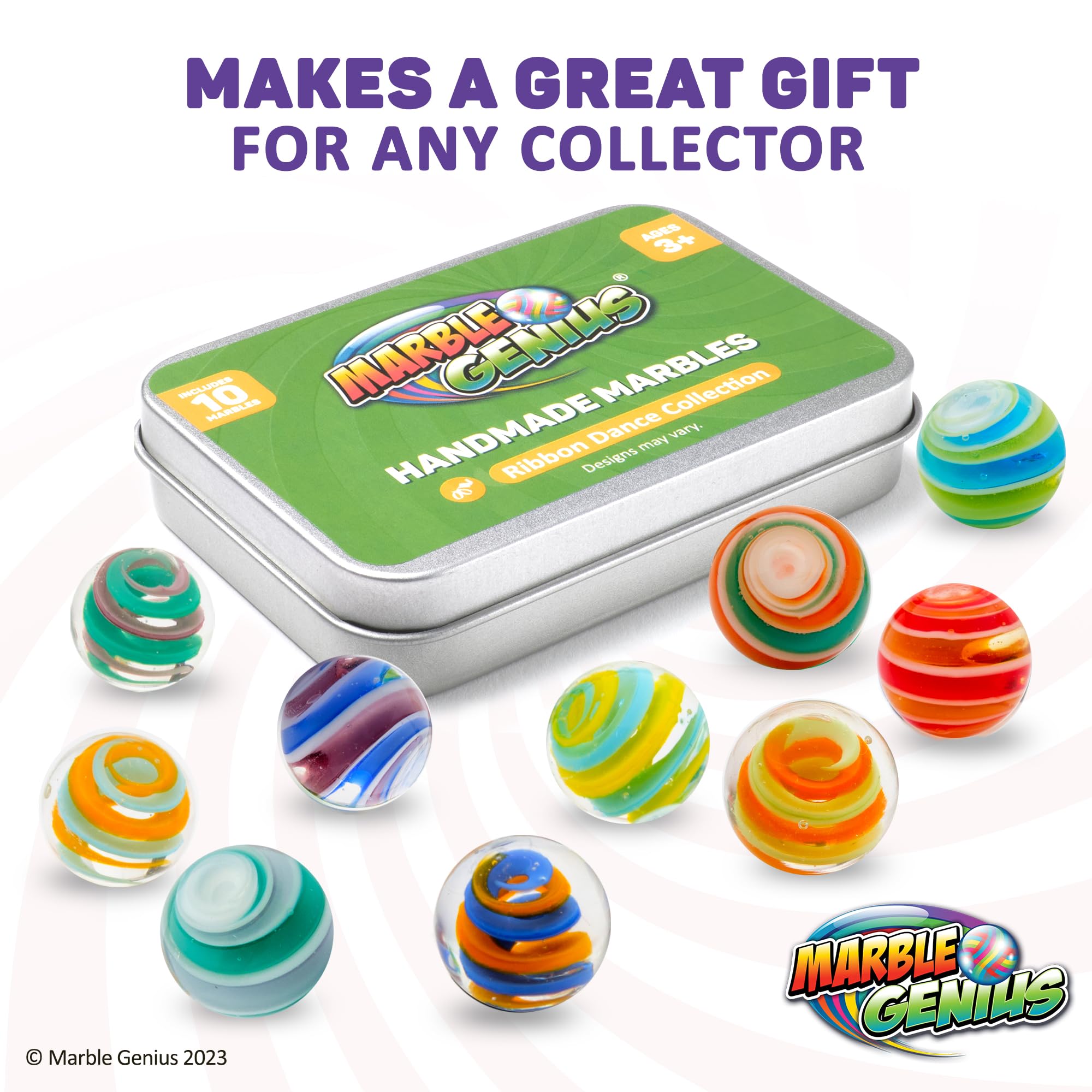 **Marble Genius Collectors Marbles - 16mm (5/8 Inch) Handmade Glass Marbles Set of 10 with Ribbons, Perfect Gift for Kids Ages 3+ & Marble Enthusiasts - Great for Games, Collections & Decorative Displays**