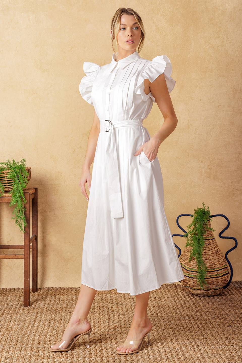 Glimpse in Time Pintuck Midi Dress - Elegant Flowy Women's Dress for Casual Outings, Office Wear & Special Occasions