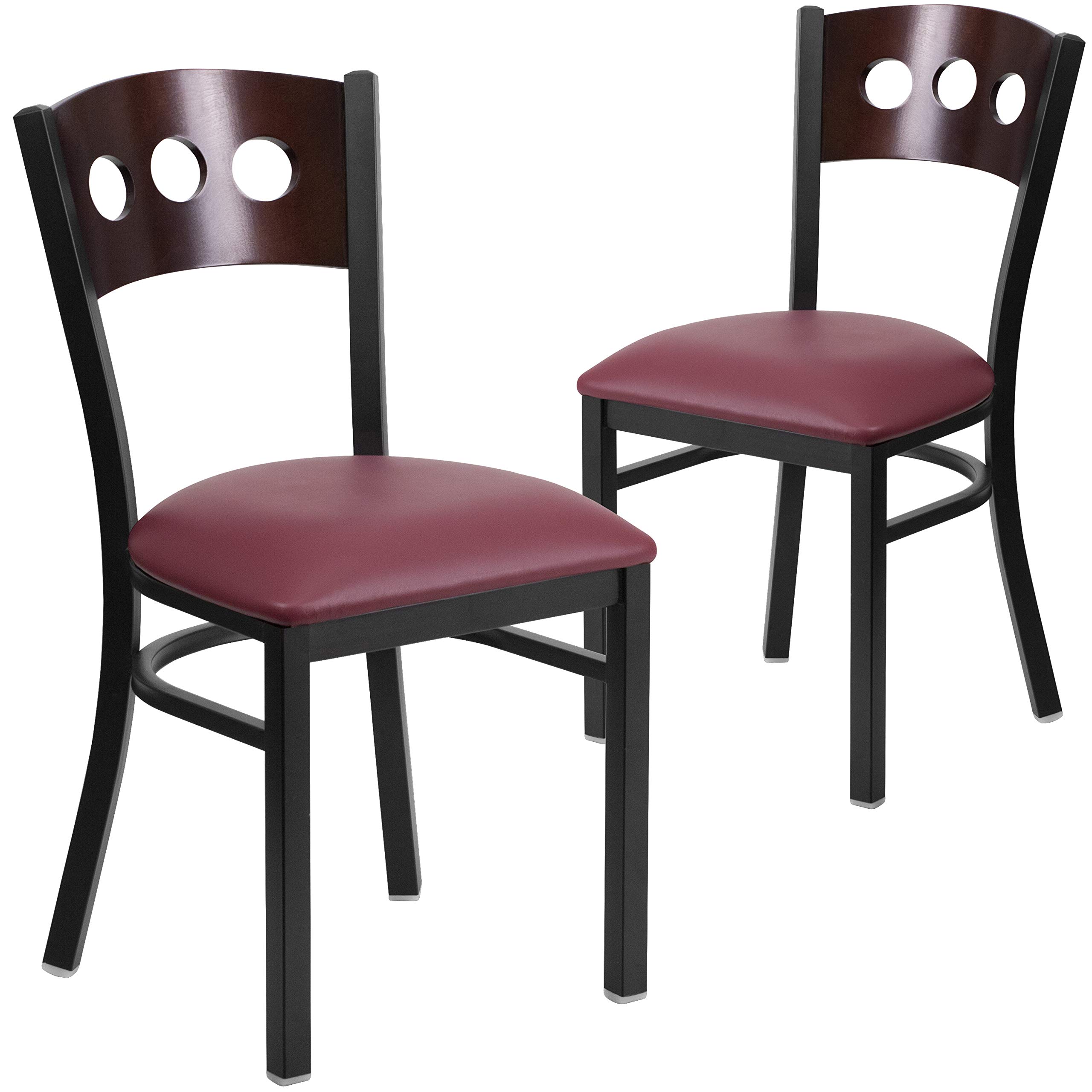 Flash Furniture 2-Pack HERCULES Series Black Metal Restaurant Chairs with Walnut Wood Back & Burgundy Vinyl Seat - Durable Commercial Dining Chairs for Restaurants, Cafes, and Event Venues