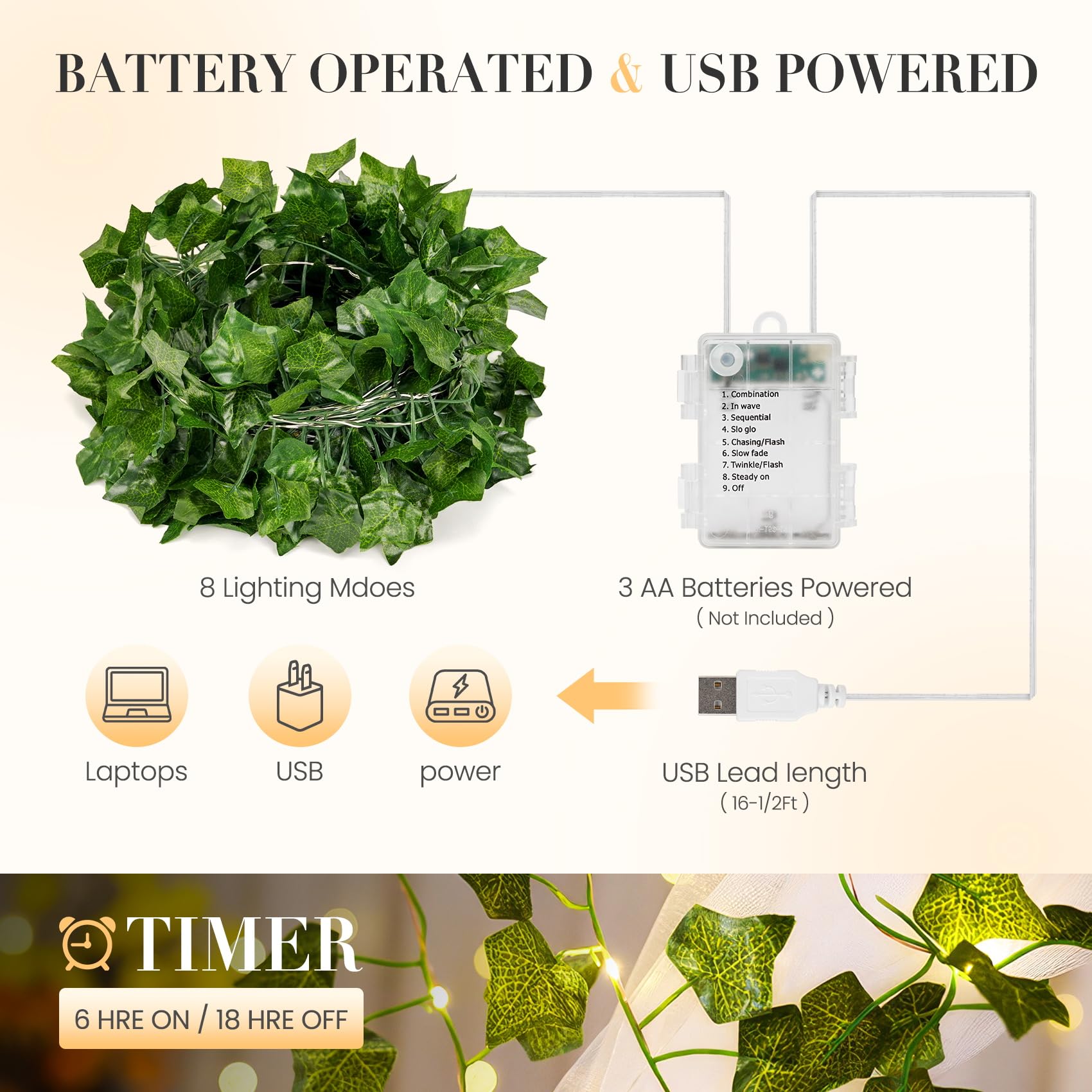 100 LED Fairy Vine Lights with Remote - 33ft Battery/USB Operated Ivy Garland String Lights for Bedroom, Garden, Party & Wall Decor | Romantic Ambiance, Wedding Backdrop, Outdoor Patio Lighting