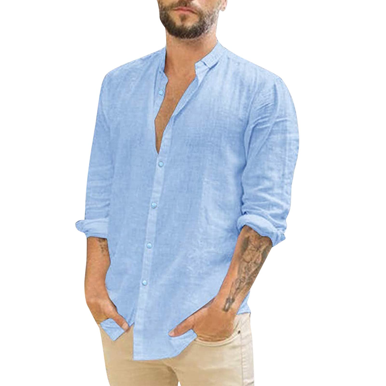 Men's Casual Turn-Down Collar Button-Up Shirt - Long Sleeve Solid White T-Shirt for Office, Dating & Everyday Wear