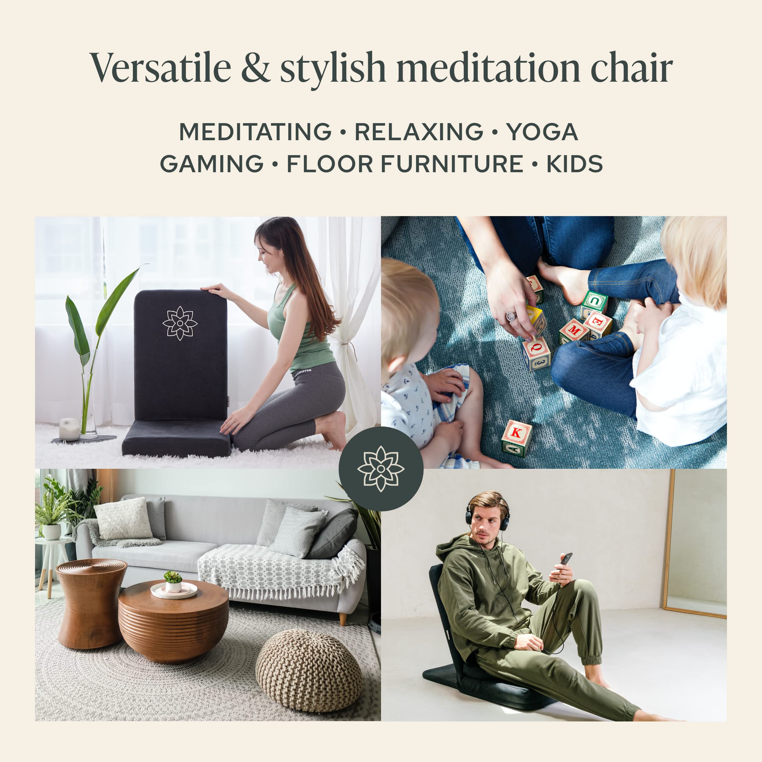 Mindful Modern Folding Meditation Chair with Back Support - Adjustable Floor Seating for Yoga & Zen - Half Moon Buckwheat Cushion Included - Perfect for Home Meditation, Living Room Relaxation & Mindfulness Practice