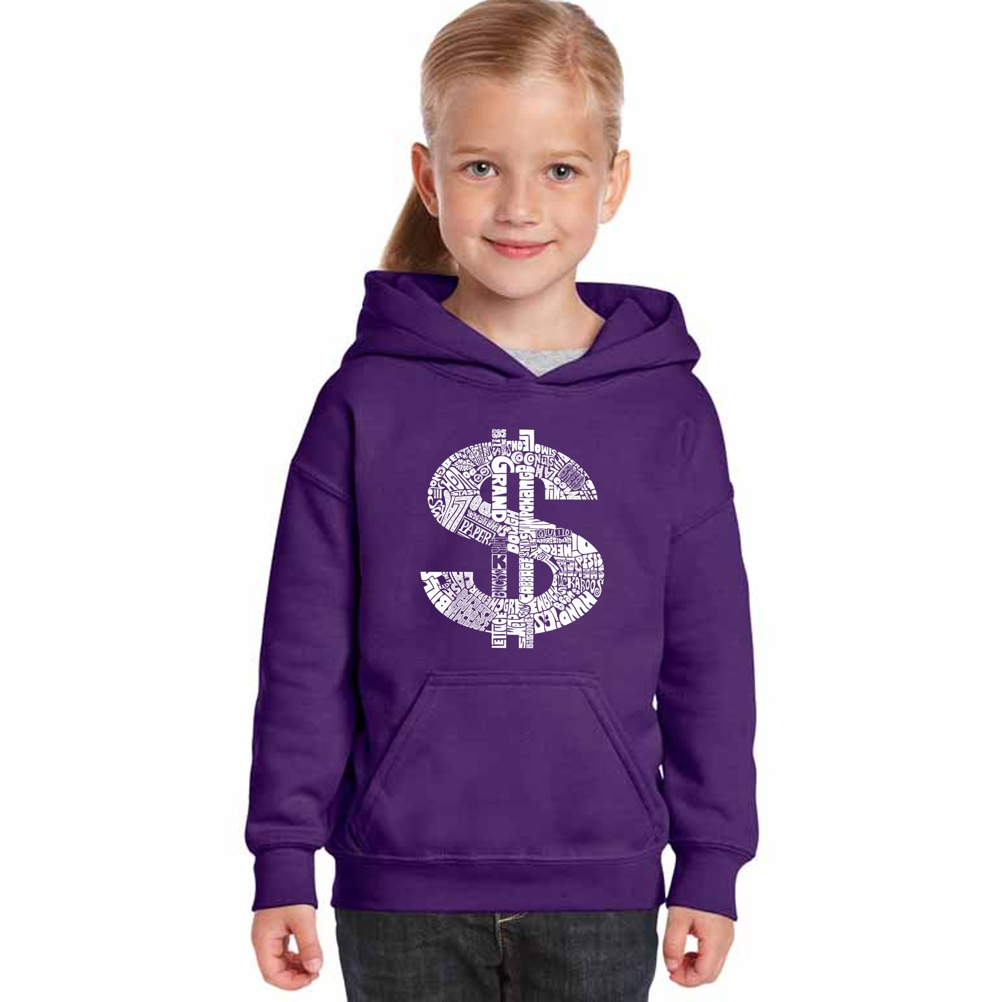 LA POP ART Girl's Word Art Hooded Sweatshirt with Dollar Sign Design - Trendy Streetwear for Teens | Perfect for Casual Outfits, School Fashion & Instagram Photos