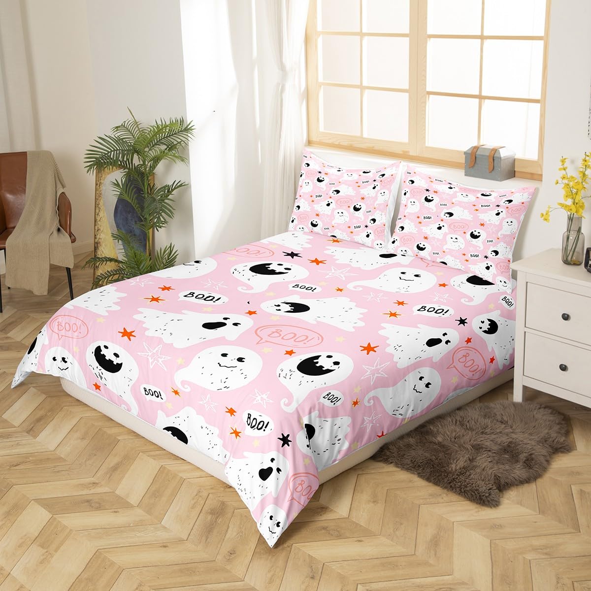 Feelyou Halloween Comforter Cover Set - Ghost Pink Twin Size Bedding for Kids, Boys & Girls | Cute Kawaii Duvet Cover, Soft Lightweight Bedspread | Perfect for Halloween Decor, Kids' Room & Seasonal Bedding
