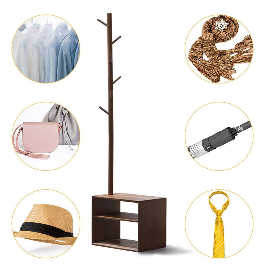 Modern Wooden Freestanding Coat Rack Shoe Bench with 6 Hooks - Multifunctional Entryway Storage Cabinet for Hallway, Bedroom & Office - Industrial Style Shoe Rack Organizer (Brown) - Perfect for Small Spaces & Home Organization