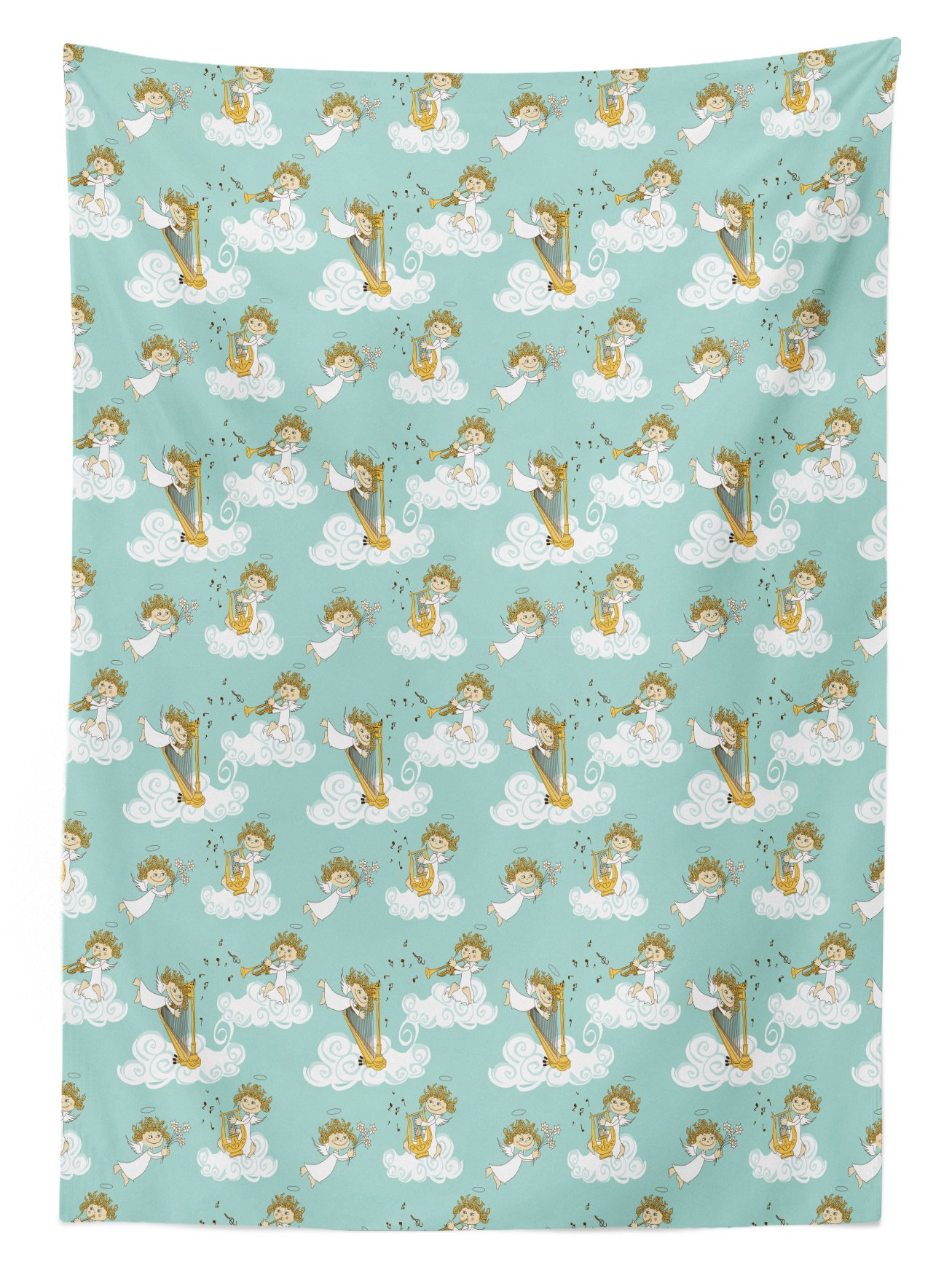 Ambesonne Cartoon Outdoor Tablecloth - Celestial Melody Print with Winged Angels, Harps, Flowers & Clouds | Washable Picnic Table Cover 58x84 inches in Earth Yellow & Seafoam | Perfect for Garden Parties, BBQs, and Outdoor Dining