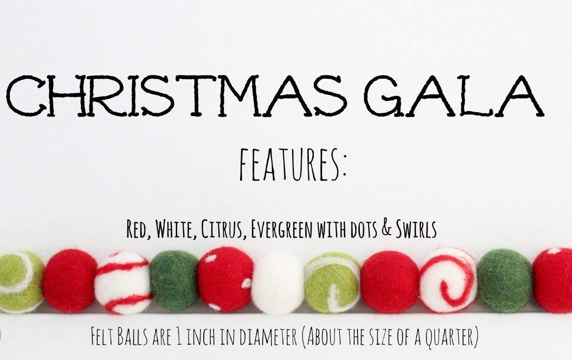 Christmas Felt Ball Garland - 9ft Holiday Decoration with Red, Green & White Swirl Dots - 2.5cm Wool Felt Balls for Tree, Mantel & Party Decor | Sheep Farm Felt
