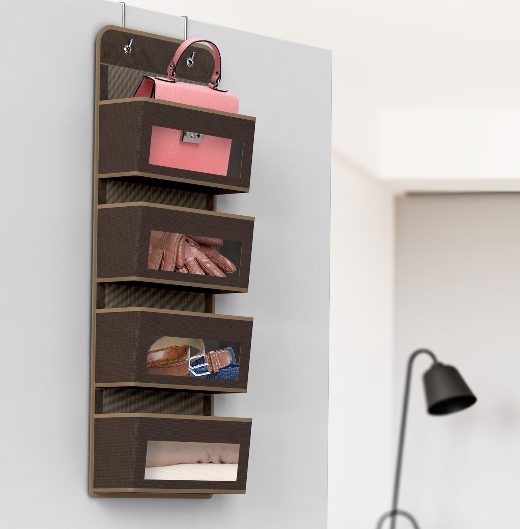 Simple Houseware Over Door/Wall Mount 4 Clear Window Pocket Organizer - Brown | Hanging Storage Solution for Bathroom, Bedroom, Kitchen & Office Organization