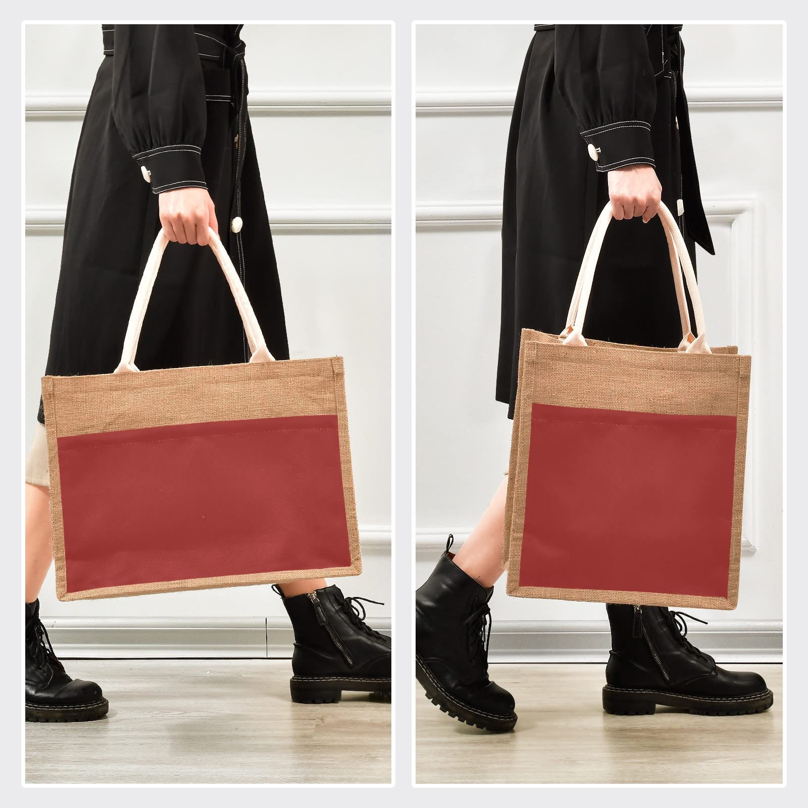 Linqin Burgundy Jute Tote Bag - Waterproof Burlap Straw Grocery Bag with Sturdy Handles for Shopping, Travel & Beach | Eco-Friendly Reusable Shopping Tote for Groceries, Picnics and Farmers Market