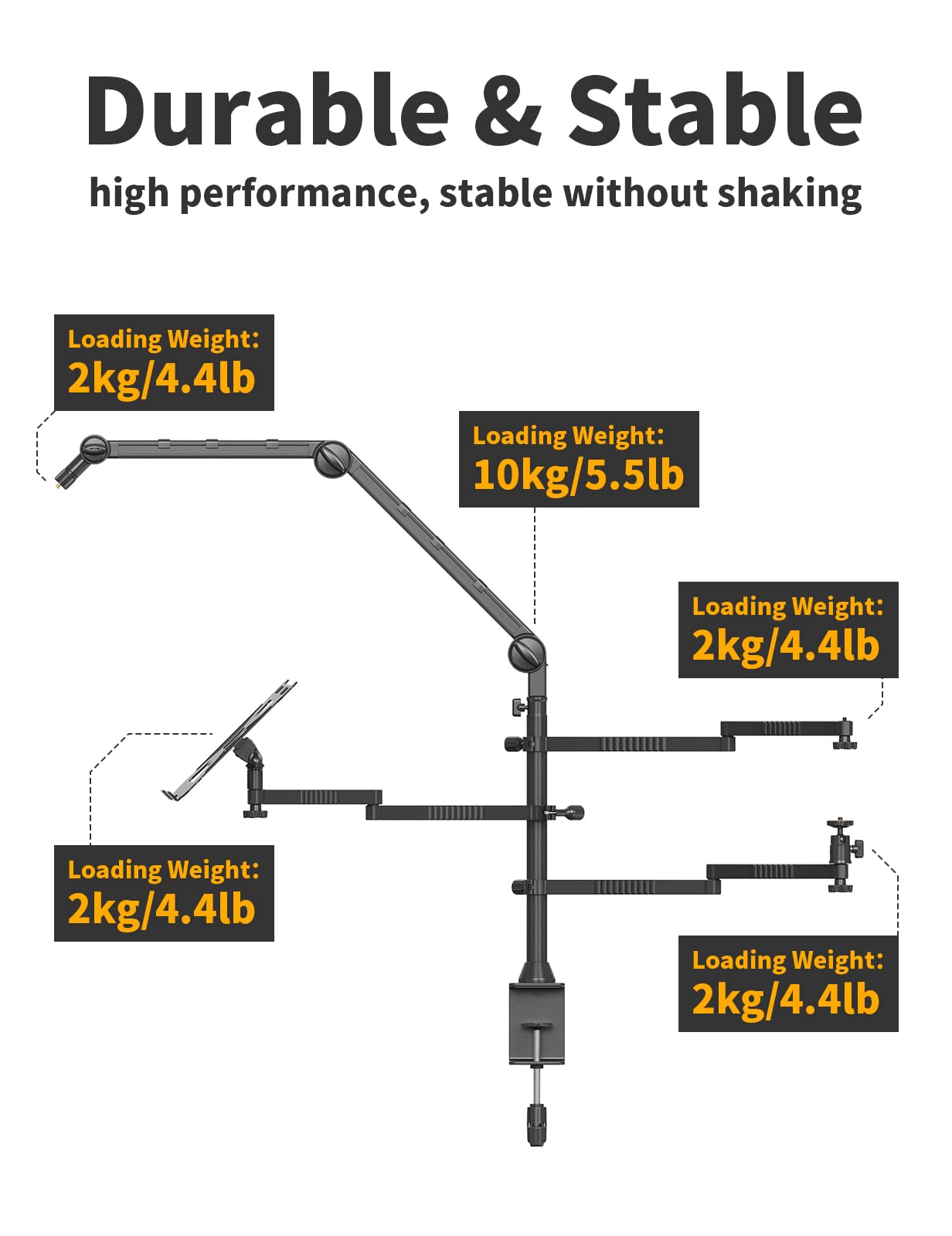 LS21 Adjustable Desktop Camera Arm Stand - Overhead Mount for Webcam, DSLR, Ring Light & Microphone | Flexible Boom Arm with Laptop Stand & 2 Extension Magic Arms | Perfect for Streaming, Video Calls, Photography & Content Creation