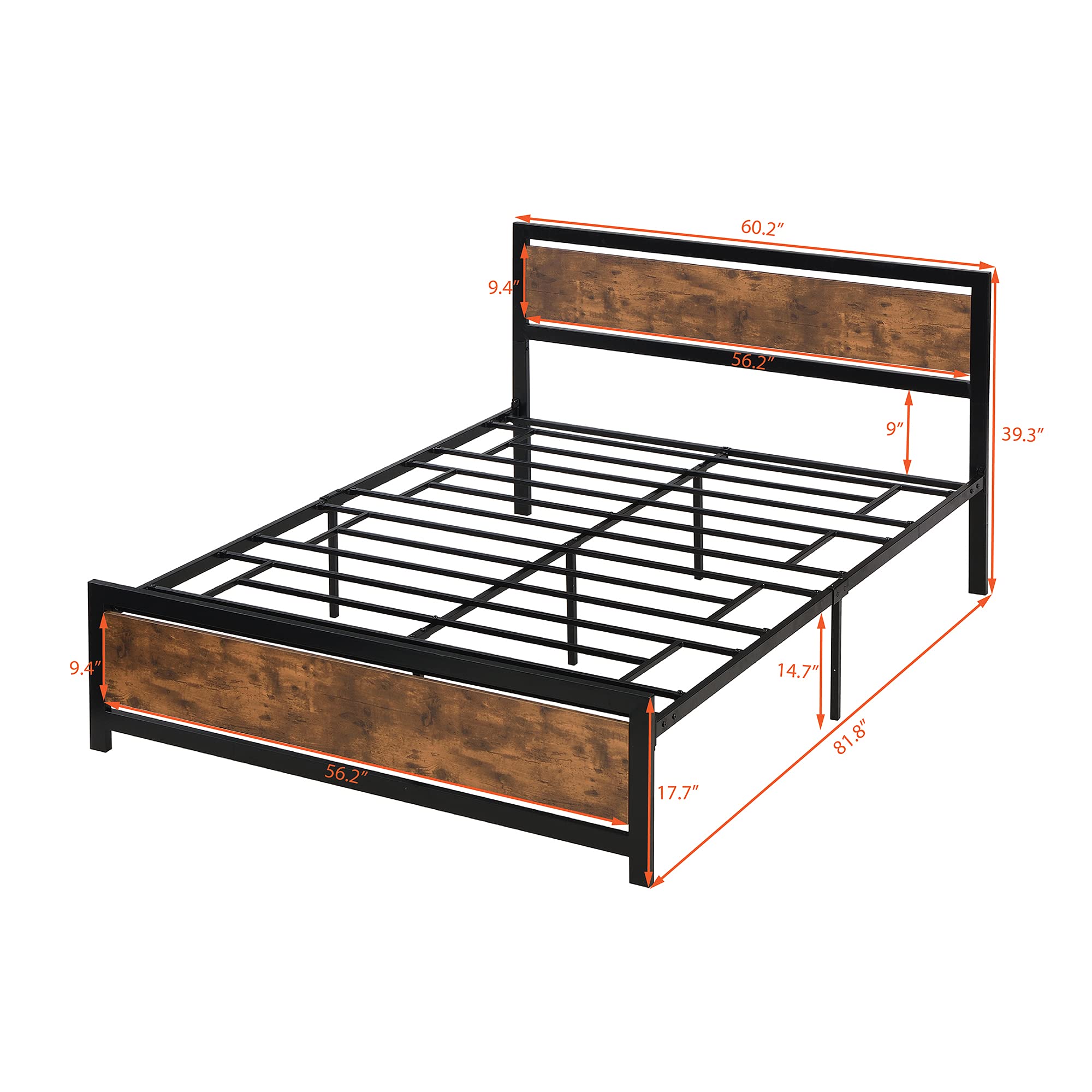 Queen Size Metal Bed Frame with Storage - Sturdy Platform Bed with Headboard & Footboard, 14.7