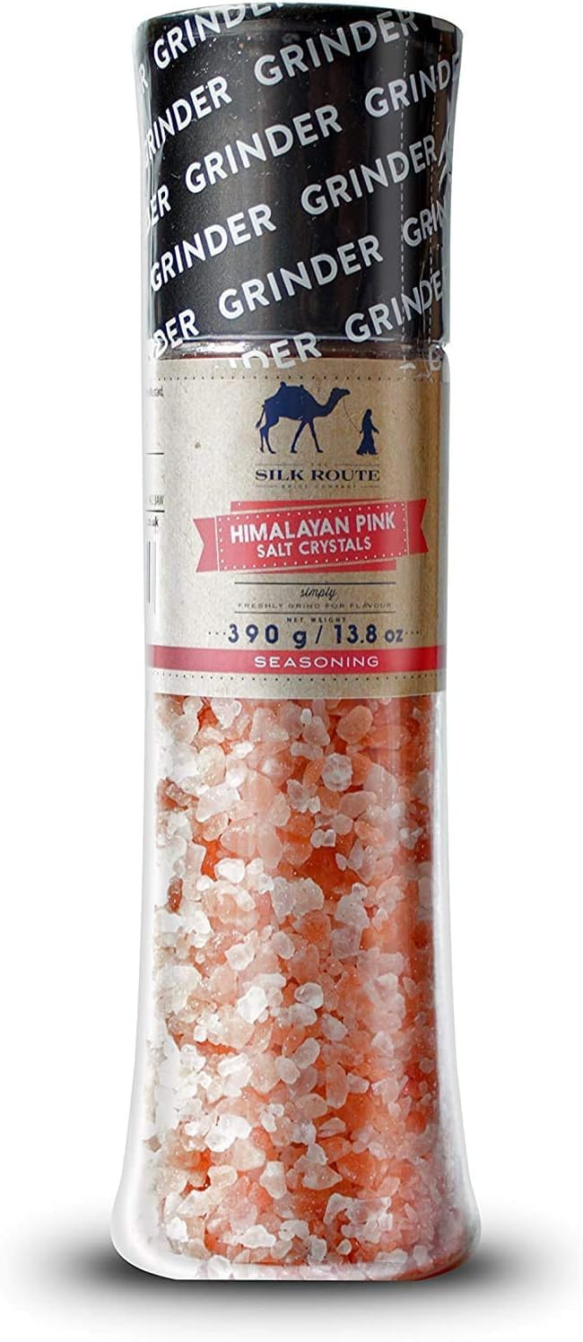 Premium Himalayan Pink Salt Grinder - 13.8oz (390g) Natural Rock Salt Mill with 84 Essential Minerals | Easy-Use Kitchen Spice Grinder for Cooking, Baking & Gourmet Dishes