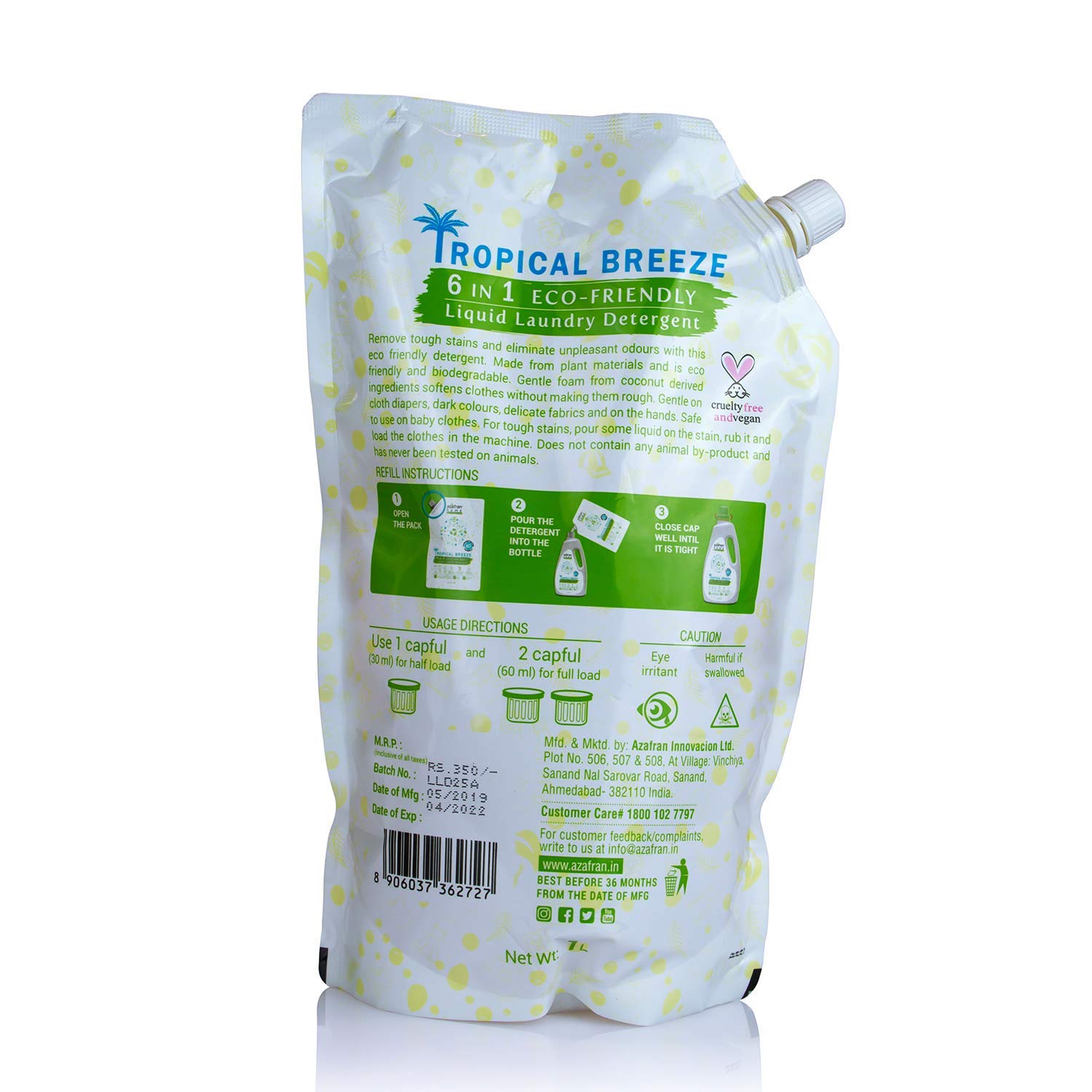 Azafran Tropical Breeze 6-in-1 Plant-Based Liquid Laundry Detergent Refill Pack - 1 Liter | Stain Remover, Natural Fabric Softener | Safe for Baby Clothes & All Washing Machines | Perfect for Travel, Gym Wear & Sensitive Skin Laundry