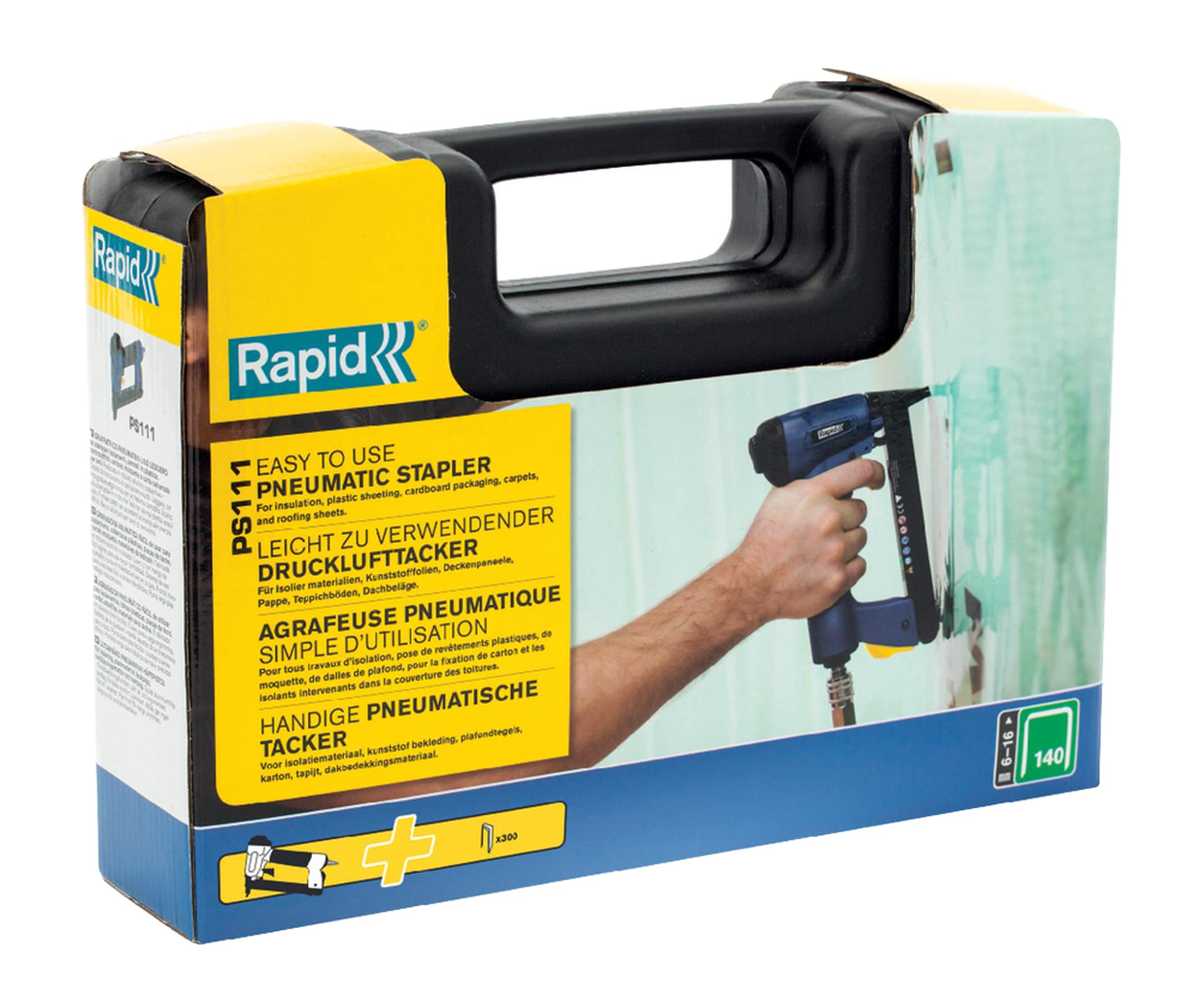 Rapid PS111 Pneumatic Stapler for No. 140 Staples - Quick Reload, Adjustable Air Exhaust, Includes Carry Case & 300 Staples (5000052) - Blue | Ideal for Woodworking, Upholstery, and DIY Projects