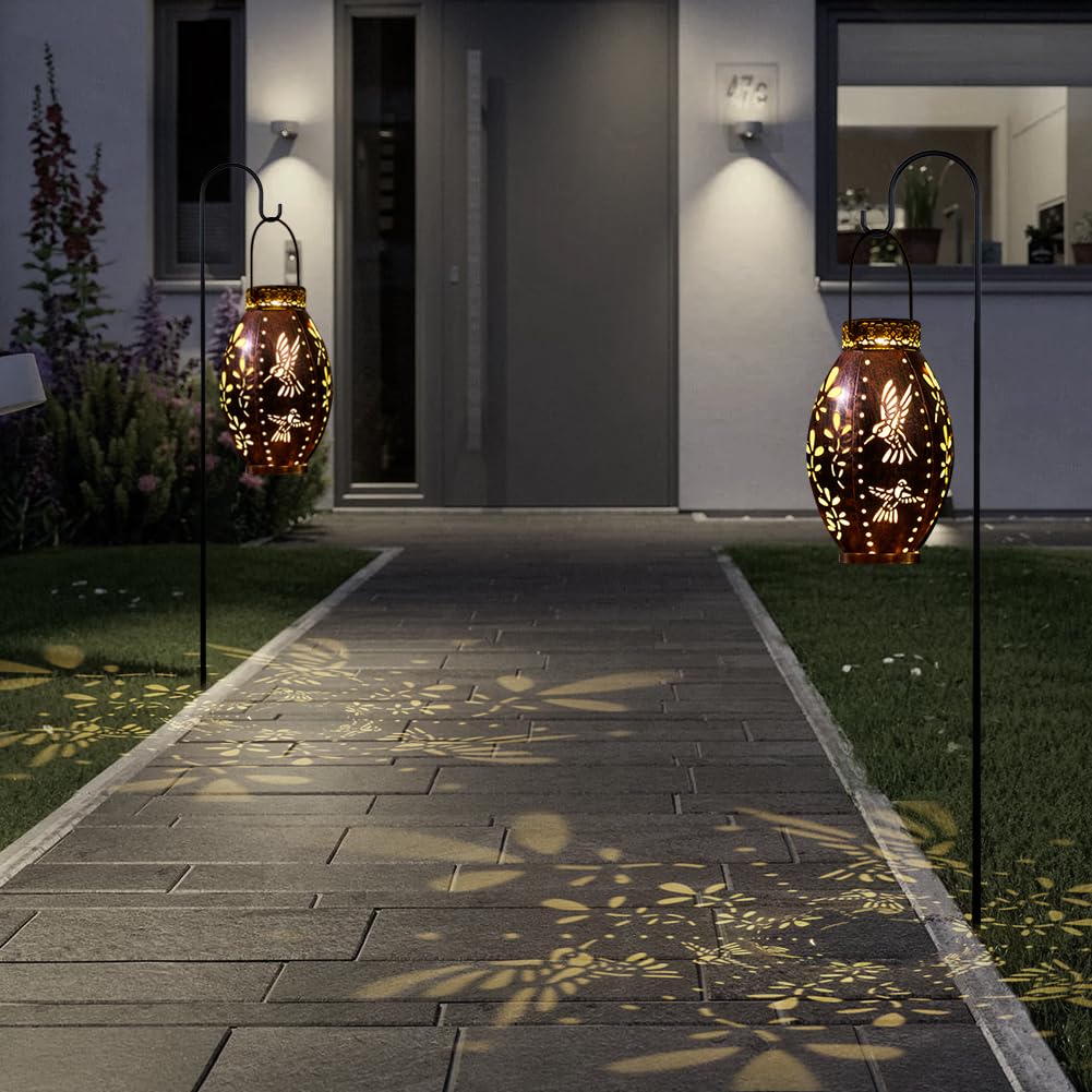 Stargarden Solar Lanterns 2 Pack - Waterproof Outdoor Decorative Hanging Lights with Hollow-Out Hummingbird Design for Garden, Patio, Yard - Copper Finish Solar Powered Lanterns for Evening Ambiance and Pathway Lighting
