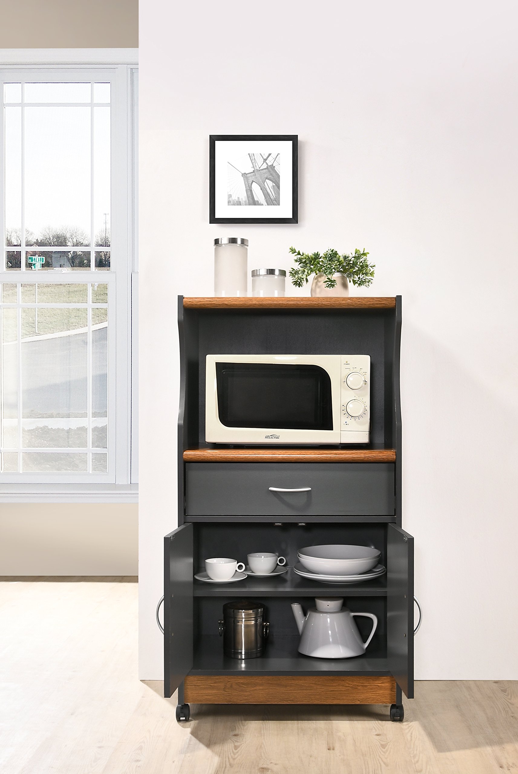 HODEDAH Microwave Cart with Storage - 1 Drawer, 2 Doors & Shelf - Compact Kitchen Organizer for Small Spaces - Grey Oak Finish - Perfect for Apartments, Dorms & Office Break Rooms