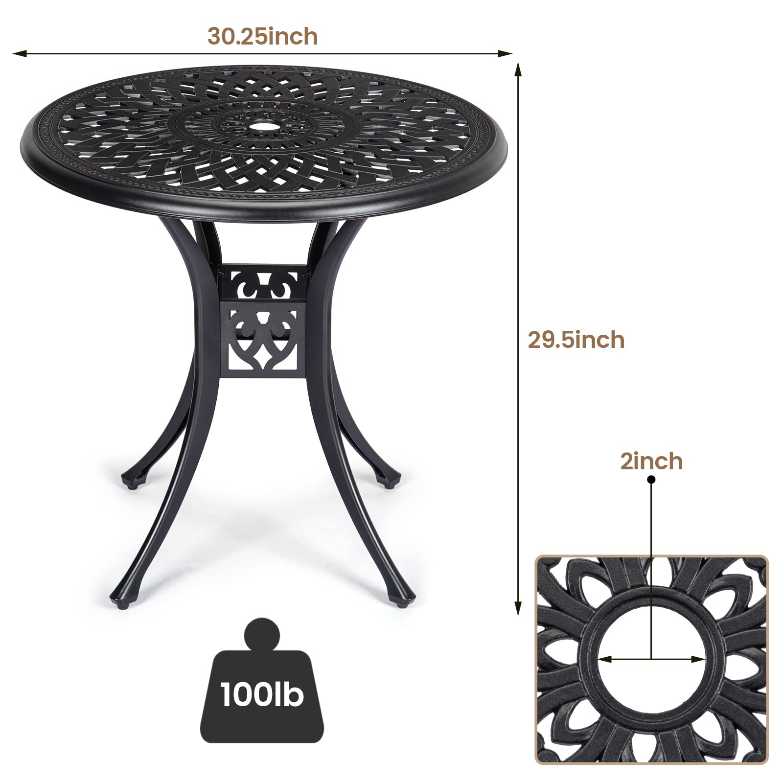**Rust-Resistant Aluminum Round Patio Bistro Table with Adjustable Foot Pads & Umbrella Hole – Perfect for Outdoor Dining, Balcony, Backyard, and Garden (Black)**