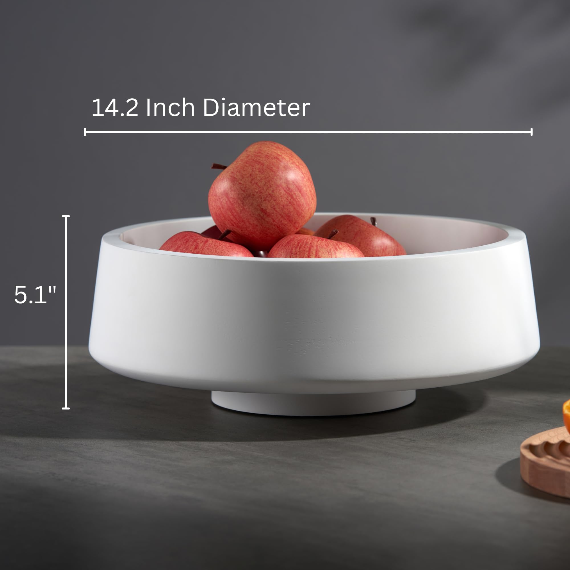 14.2-inch Large White Wooden Fruit Bowl with Pedestal - Decorative Kitchen Countertop Bowl for Displaying Fruits, Apples, Bananas & Home Decor