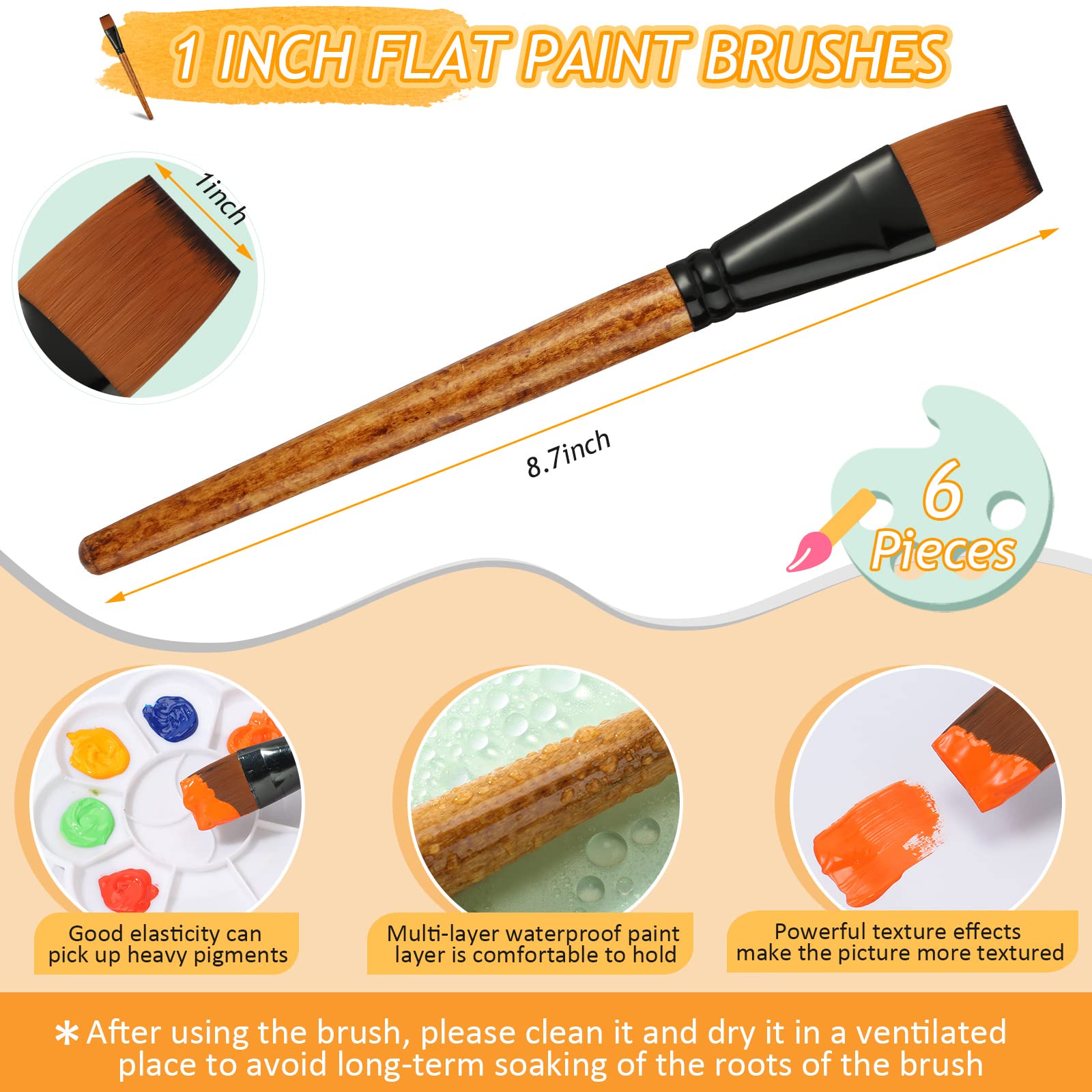 6 Pack 1 Inch Flat Paint Brushes - Synthetic Nylon Artist Brushes for Watercolor, Acrylic & Oil Painting - Professional Fine Art, Craft, Face & Body Painting Tools - Perfect for Kids, Beginners & Professional Artists (Ideal for Canvas, Paper, Wood & DIY Projects)