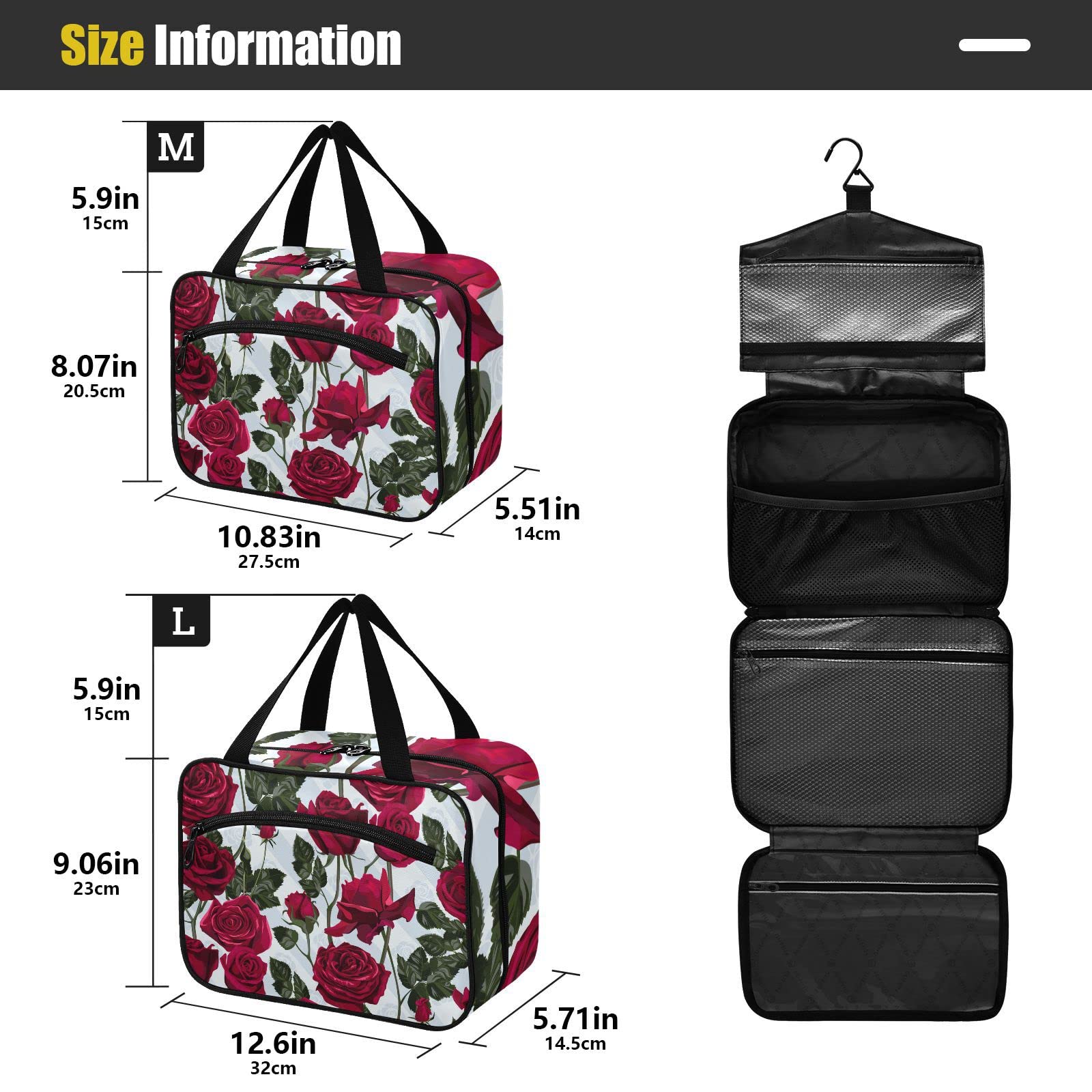 Red Rose Travel Toiletry Bag for Women - Large Hanging Cosmetic Organizer with Hook | Perfect for Makeup Storage, Bathroom Organization & Vacation Essentials