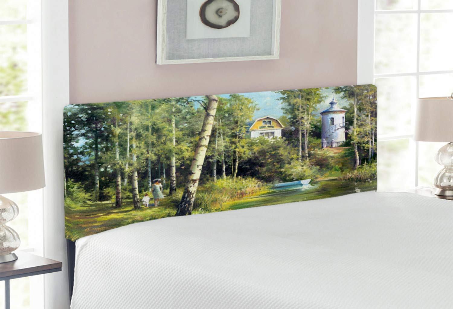 Ambesonne Nature Headboard - Full Size Upholstered Metal Bed Headboard with Memory Foam, Countryside Village Design Featuring Lake, Retro Tower & Old House (Green) - Perfect for Farmhouse, Cottage & Rustic Bedroom Decor