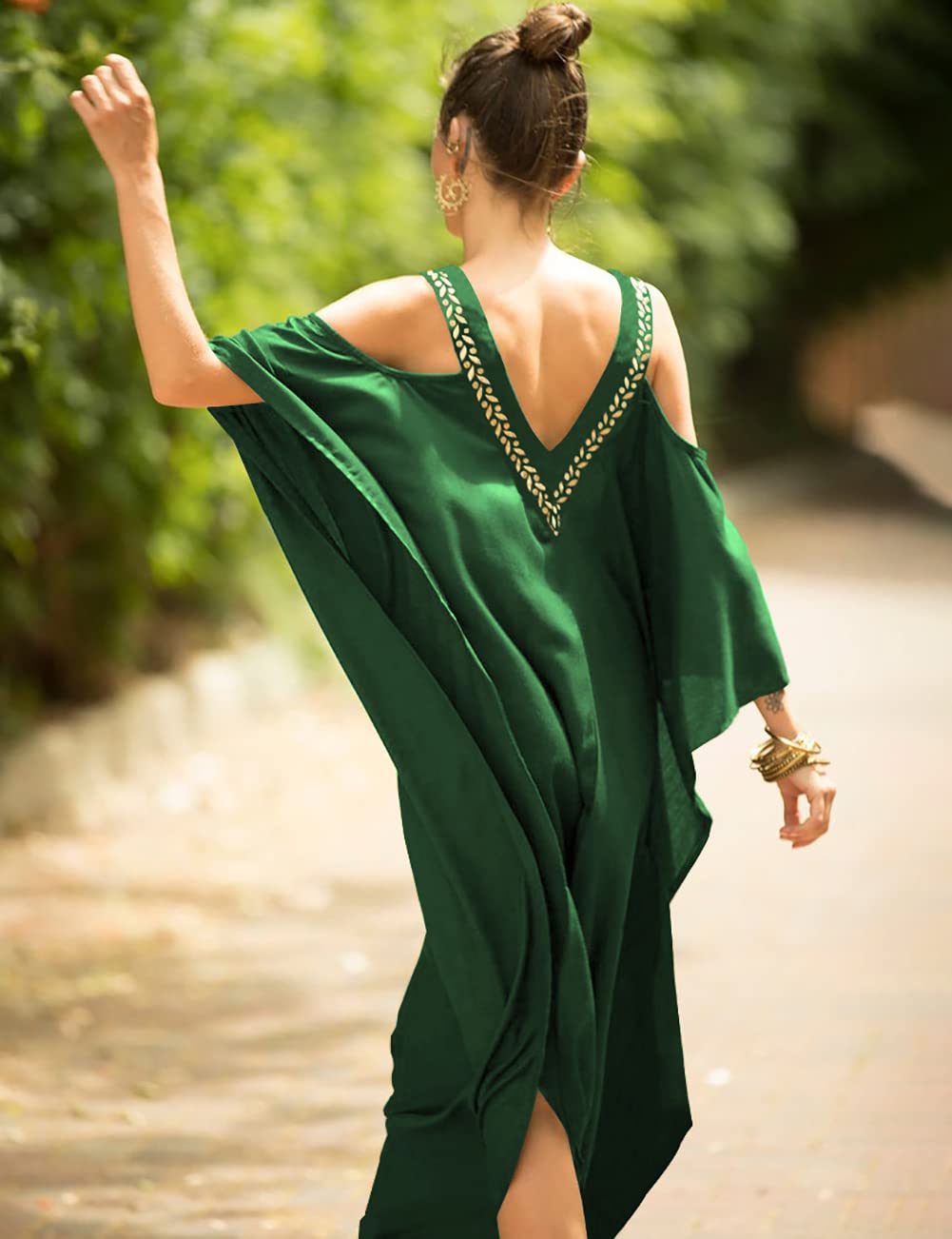 Bsubseach Turkish Cold Shoulder Kaftan Dress - Flowy Maxi Beach Cover Up for Women, Swimsuit Cover Up, Boho Summer Dress for Pool, Vacation & Resort Wear
