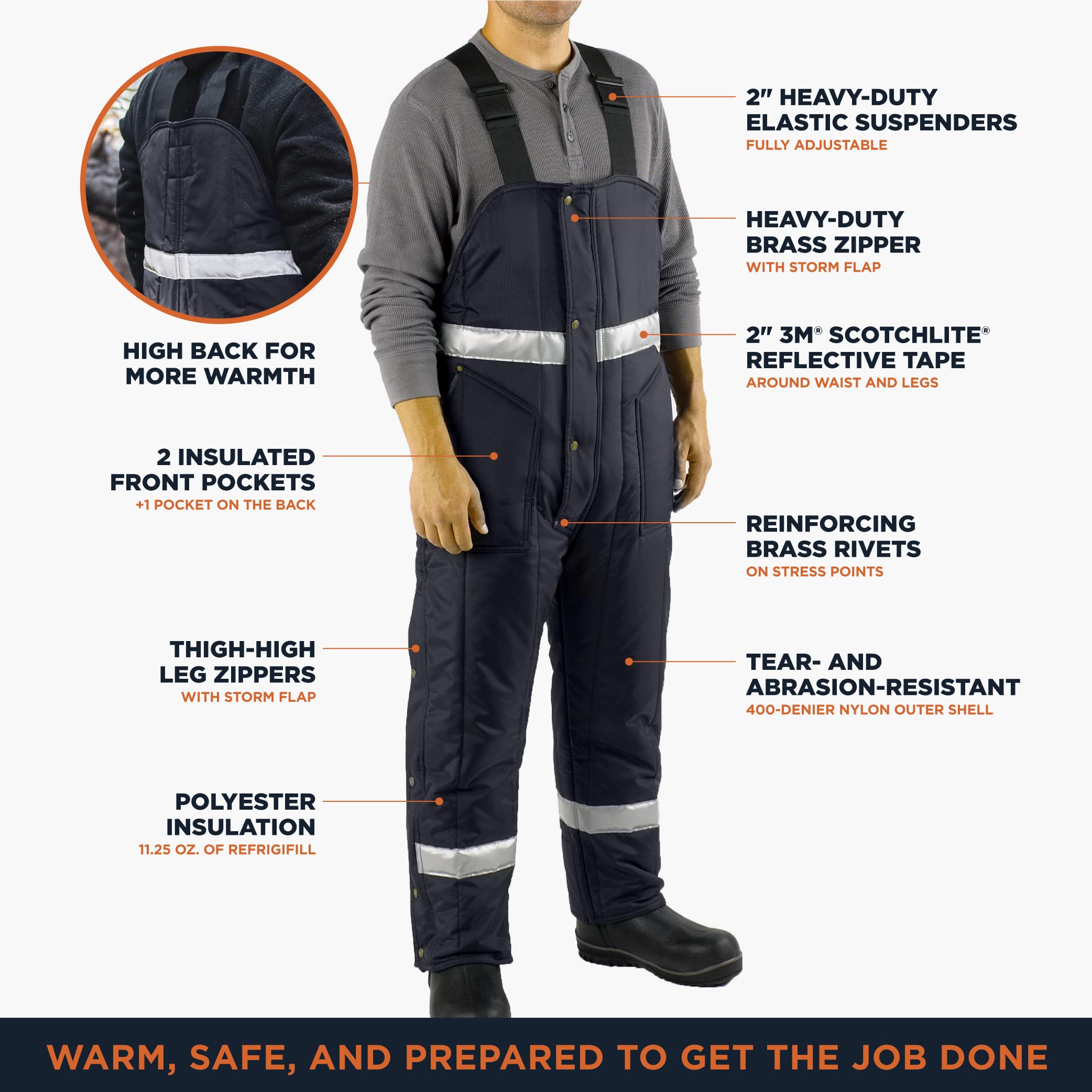 RefrigiWear Iron-Tuff Enhanced Visibility Insulated High Bib Overalls -50°F Cold Weather Workwear for Construction, Farming & Outdoor Winter Jobs