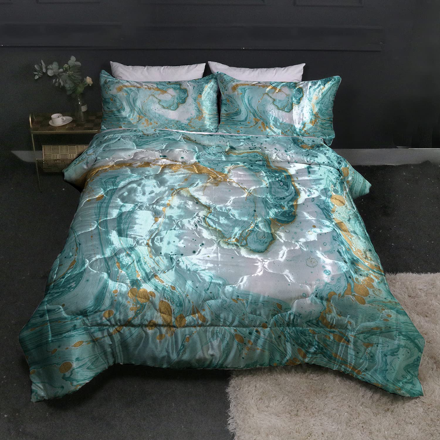 BlessLiving King Size Satin Soft Quilt Bedding Set - Chic Marble Design with Mint Gold Glitter Green Comforter, 3-Piece Modern Abstract Bedspread for Girls | Perfect for Teen Bedrooms, Dorm Decor & Luxury Master Suites