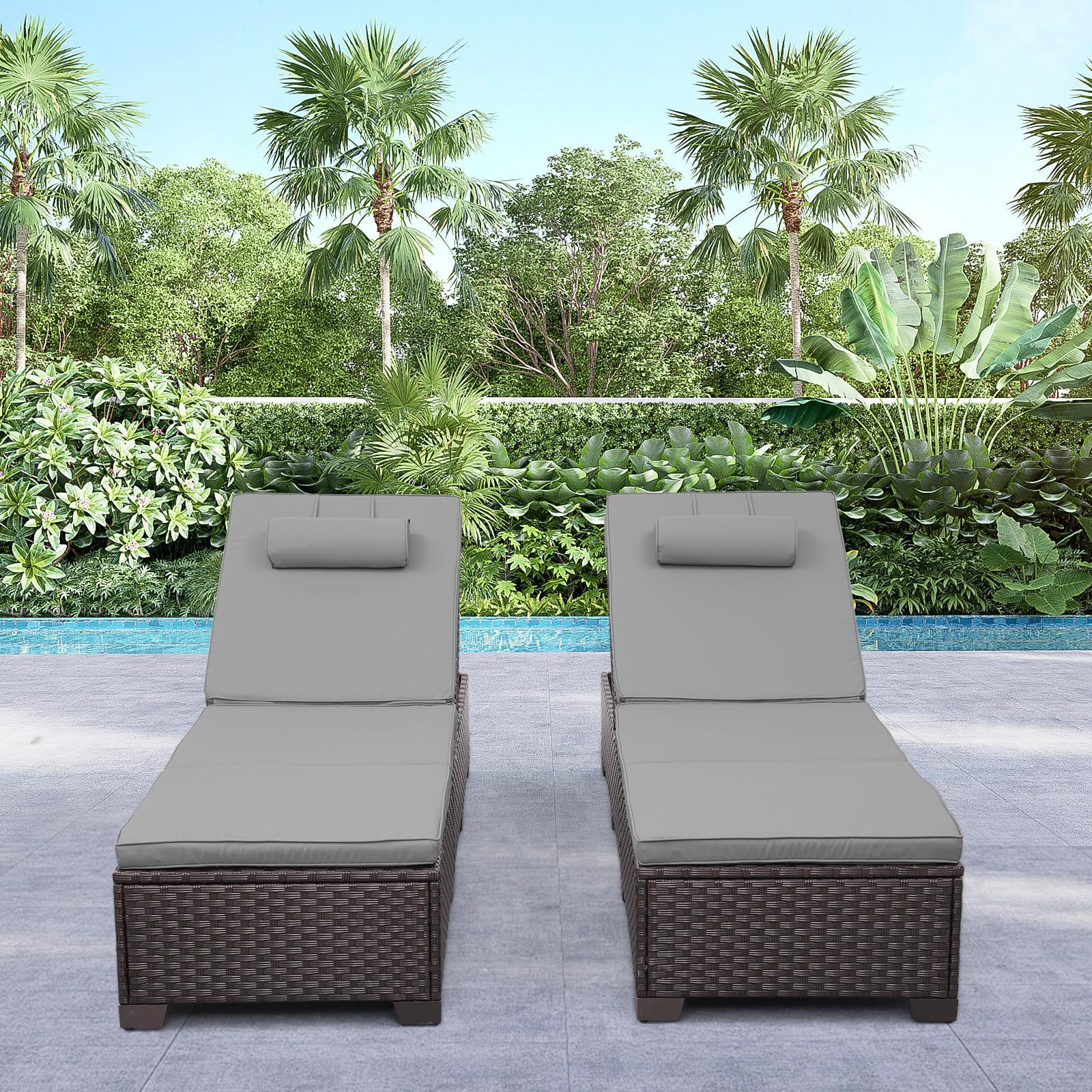 Brown Wicker Patio Chaise Lounge Chairs Set of 2 - Outdoor Poolside Recliners with Grey Cushions & Headrest - Perfect for Backyard, Pool Deck, Beach and Garden Relaxation