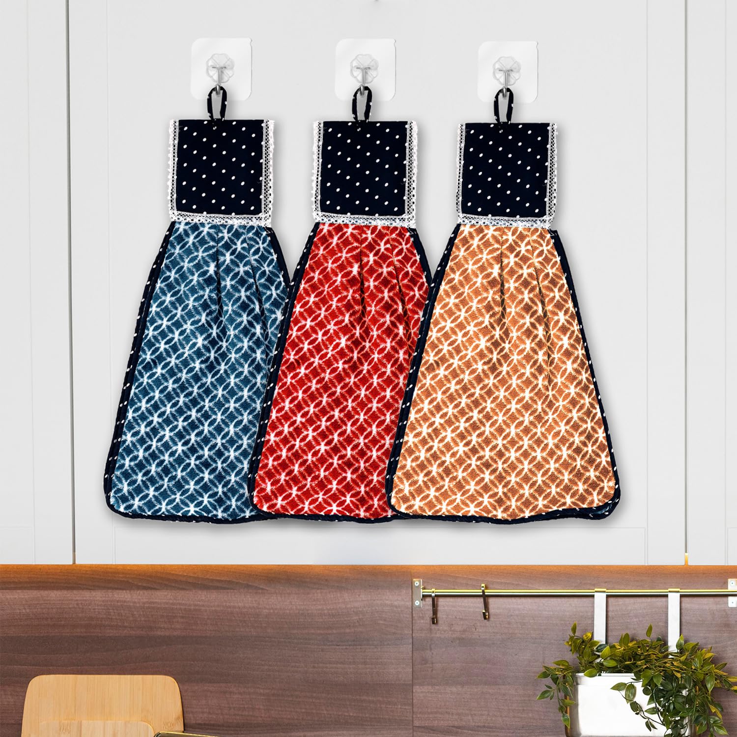 Kuber Industries 3-Pack Soft Cotton Kitchen Towels with Hanging Loop | Double-Sided Absorbent Hand Towels for Bathroom, Kitchen & Wash Basin | Reusable & Machine Washable | Circle Pattern Design | Perfect for Drying Hands, Dishes & Household Cleaning
