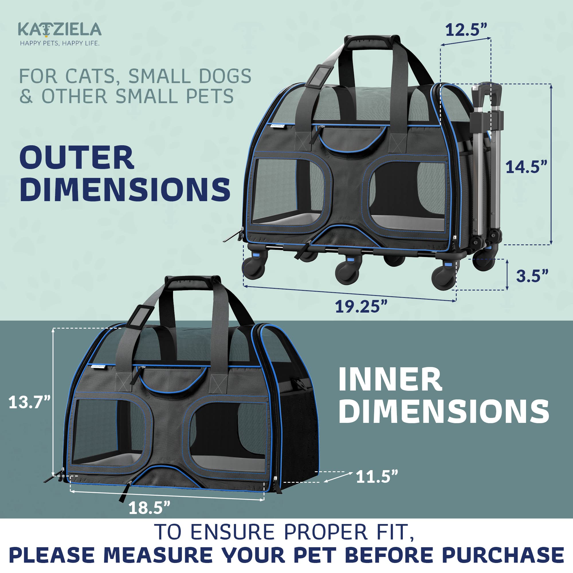 Katziela Airline Approved Pet Carrier for Small Dogs & Cats - TSA & FAA Compliant Soft-Sided Travel Carrier - Perfect for Airplane, Car, and Outdoor Adventures (Black/Blue)