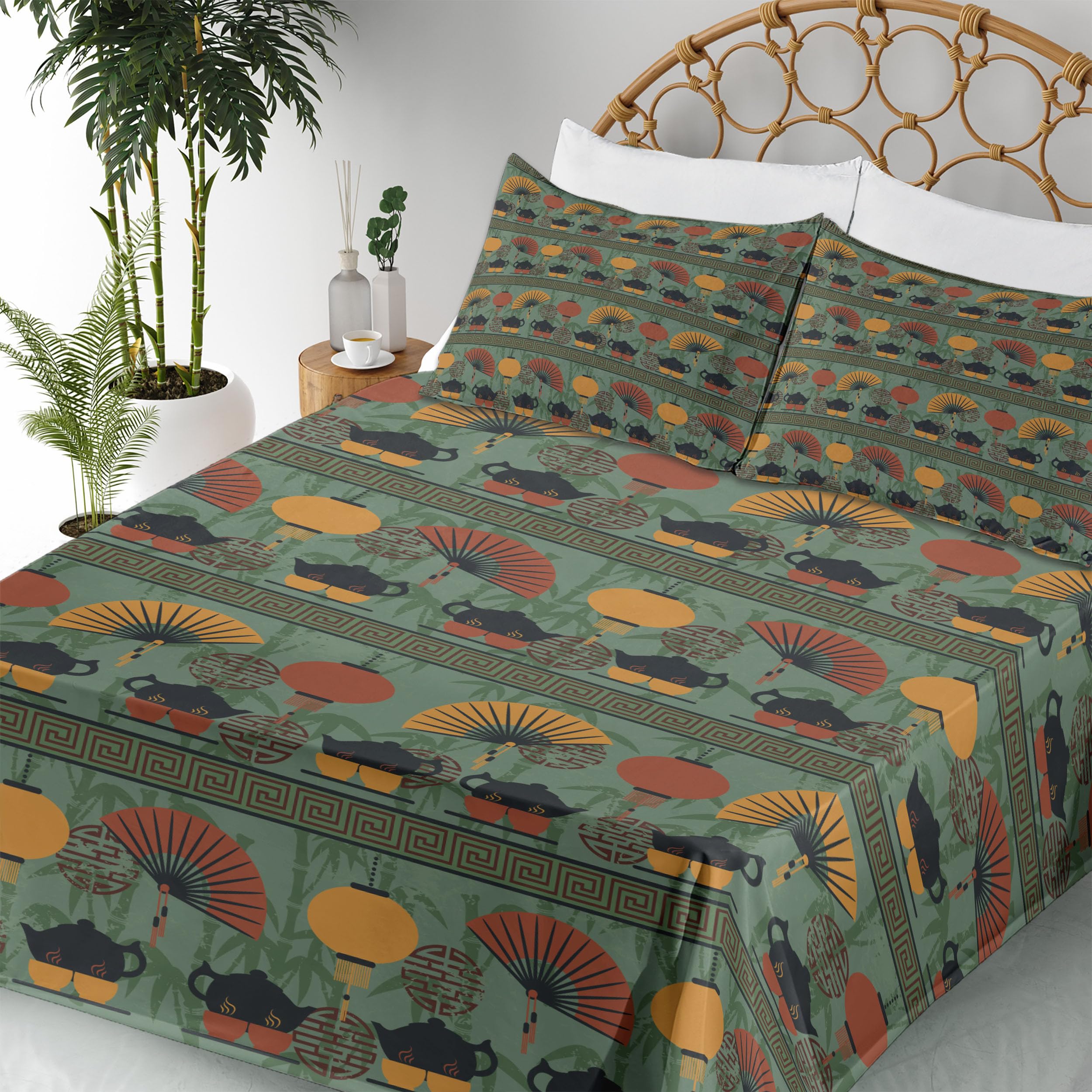Ambesonne Tea Party 4-Piece Sheet Set - Traditional Chinese Teapots & Ornamental Branch Print King Size Bedding Set in Reseda Green & Marigold | Perfect for Asian-Themed Bedrooms, Tea Lovers & Cultural Home Decor