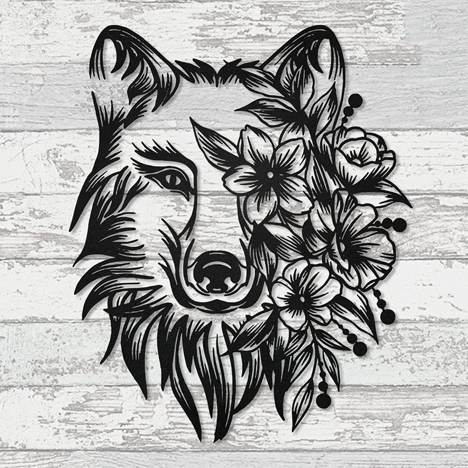Wolf Metal Wall Art - Handcrafted Wolf & Flowers Wall Hanging Decor, Contemporary Metal Sculpture for Rustic Cabin, Home & Office Wall Decor | Perfect for Living Room, Bedroom, Lodge & Cabin Decorations
