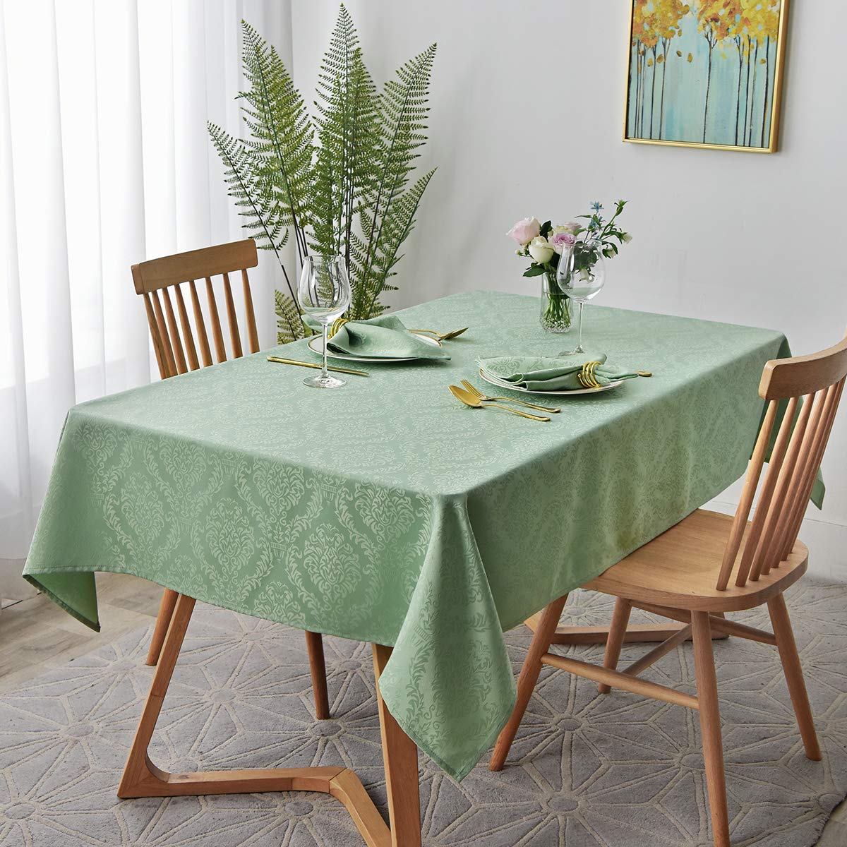 Premium Square Tablecloth 70x70 Inch - Spillproof, Wrinkle-Free & Oil Resistant Heavyweight Damask Design - Sage Green Decorative Fabric Table Cover for Dining, Parties, Restaurants (Indoor/Outdoor Use)