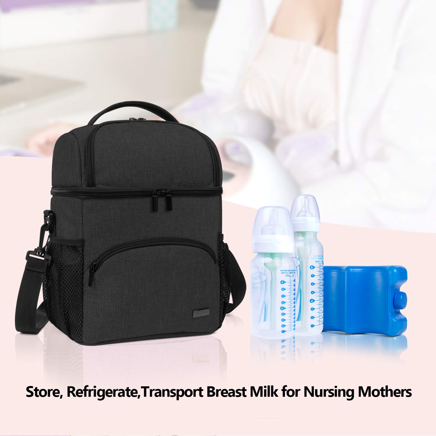 Teamoy Double Layer Insulated Breastmilk Cooler Bag with Ice Pack - Travel Baby Bottle Tote for Up to 6 Large 9oz Bottles, Black - Perfect for Daycare, Work, and On-the-Go Moms