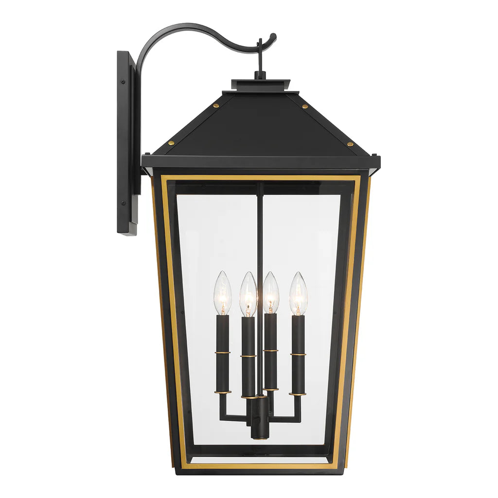 Hawkins 4-Light Outdoor Wall Sconce - 15x29.75 Inch Stainless Steel & Glass Matte Black Fixture with Textured Gold Finish - 120V E12 Candelabra Base LED Bulb Sockets - Perfect for Patio Lighting, Garden Decor, and Exterior Wall Illumination