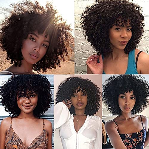 XZGDEN Short Curly Bob Wig with Bangs - 18 Inch Brazilian Remy Human Hair Afro Kinky Curly Wig for Black Women | Jerry Curl Full Lace Wig | Natural Color | Perfect for Daily Wear, Cosplay & Special Occasions