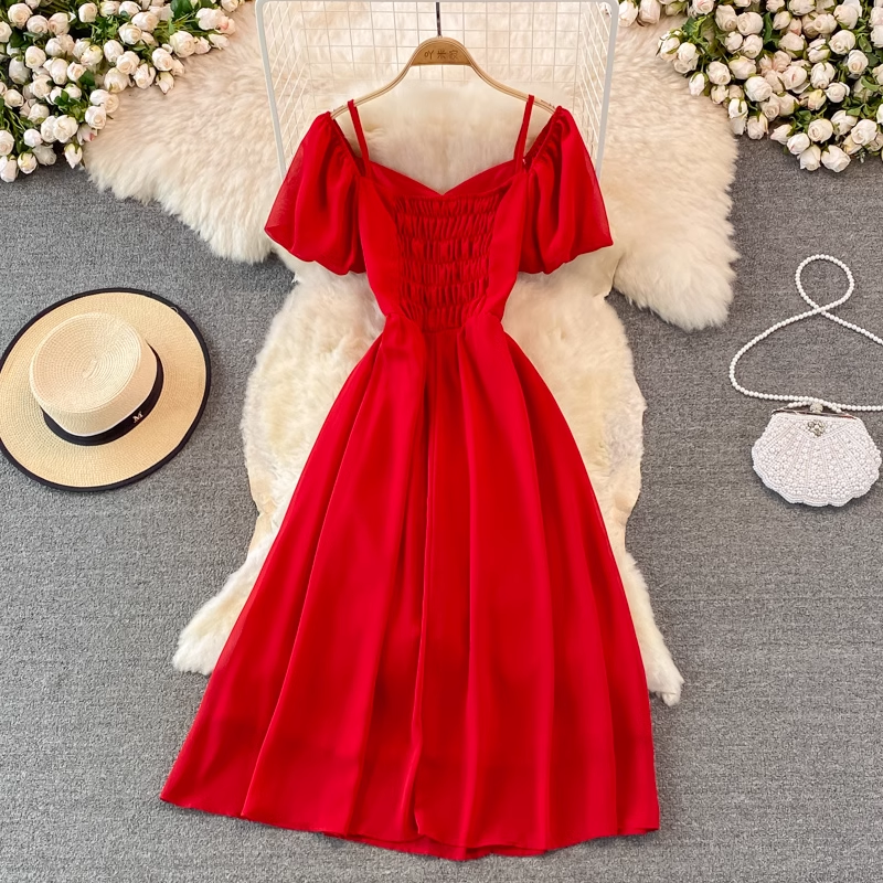 Bubble Short Sleeve Square Neck Dress - Pleated A-Line Chiffon Long Skirt for Women | Summer Casual Flowy Dress for Beach, Party & Everyday Wear | Style 926