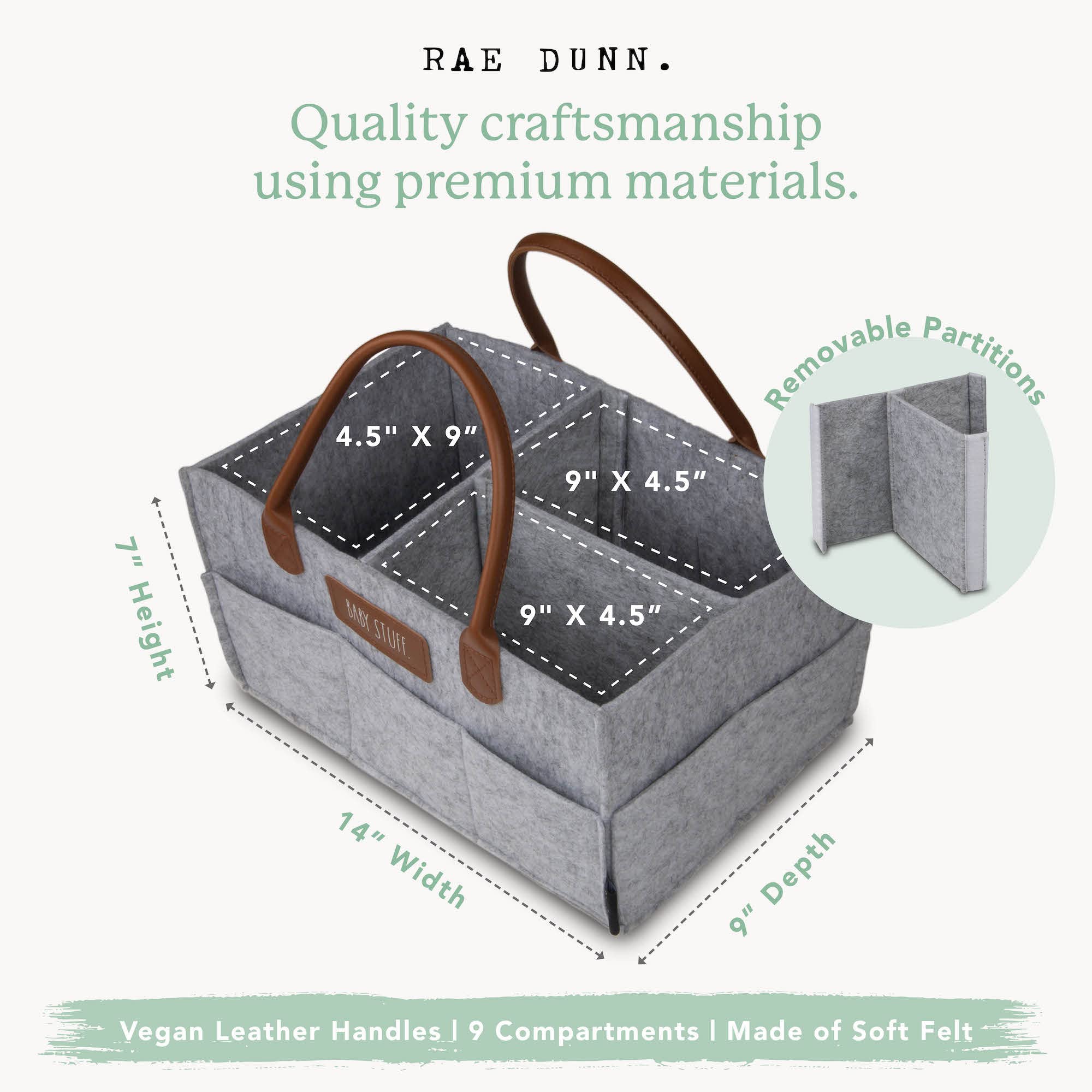 Rae Dunn Baby Diaper Caddy Organizer - Portable Nursery Storage Basket with Leather Handles for Changing Table, Car & Baby Essentials - Perfect Baby Shower Gift & Nursery Organization - Grey Felt Material for Home & Travel Use