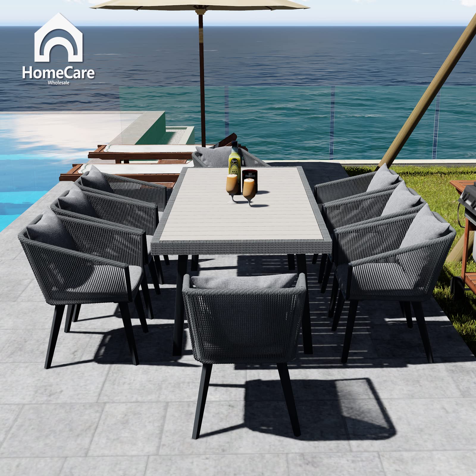 9-Piece All-Weather Outdoor Patio Dining Set for 8 - Durable Wicker Table & Chairs with Cushions & Pillows (Grey) - Perfect for Backyard BBQs, Garden Parties & Poolside Entertaining