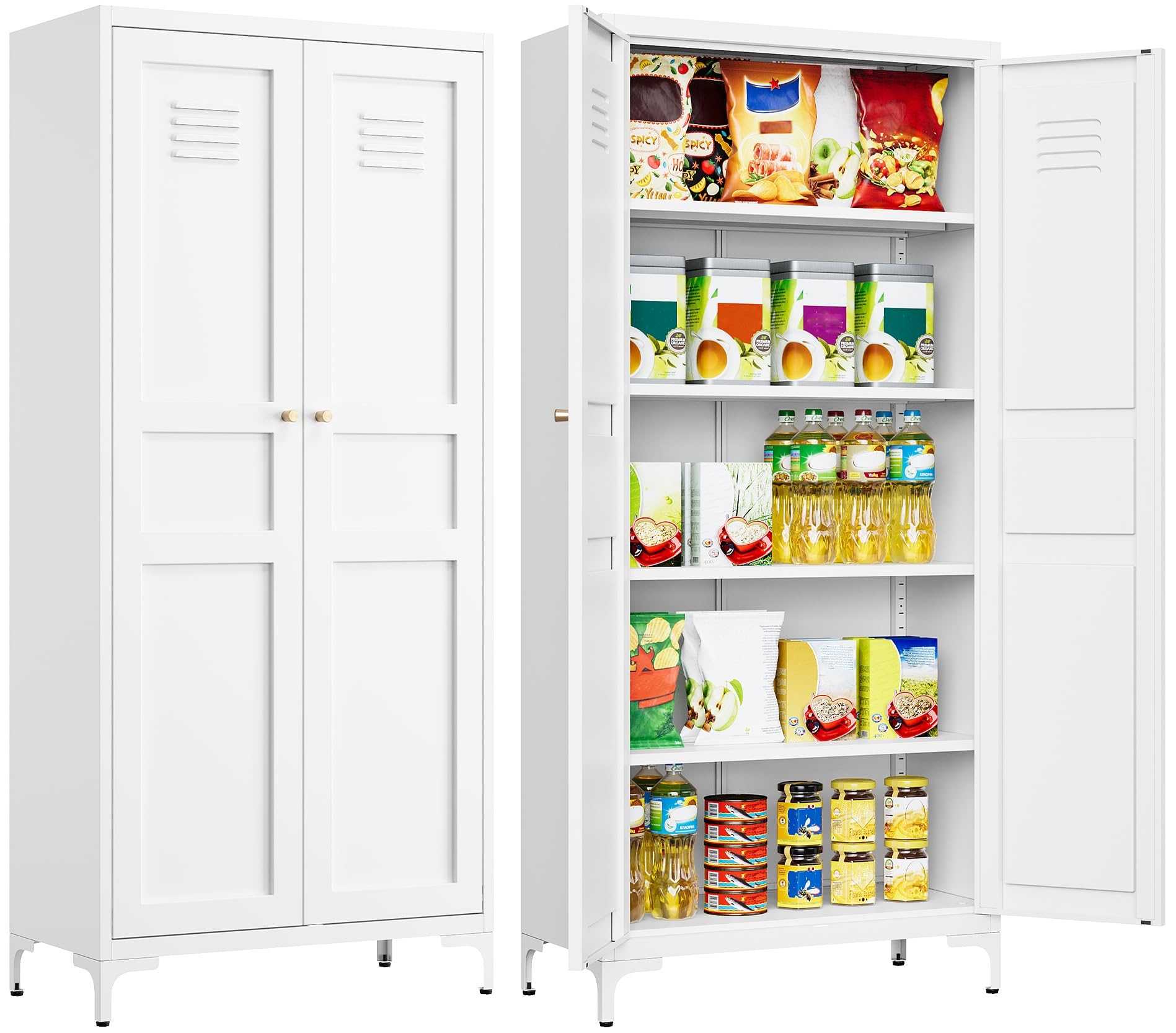 White 5-Tier Metal Storage Cabinet with Doors & Shelves - Tall Large Pantry Cupboard for Kitchen, Dining, Living Room & Laundry Room - Perfect for Food Storage, Home Organization & Space Saving