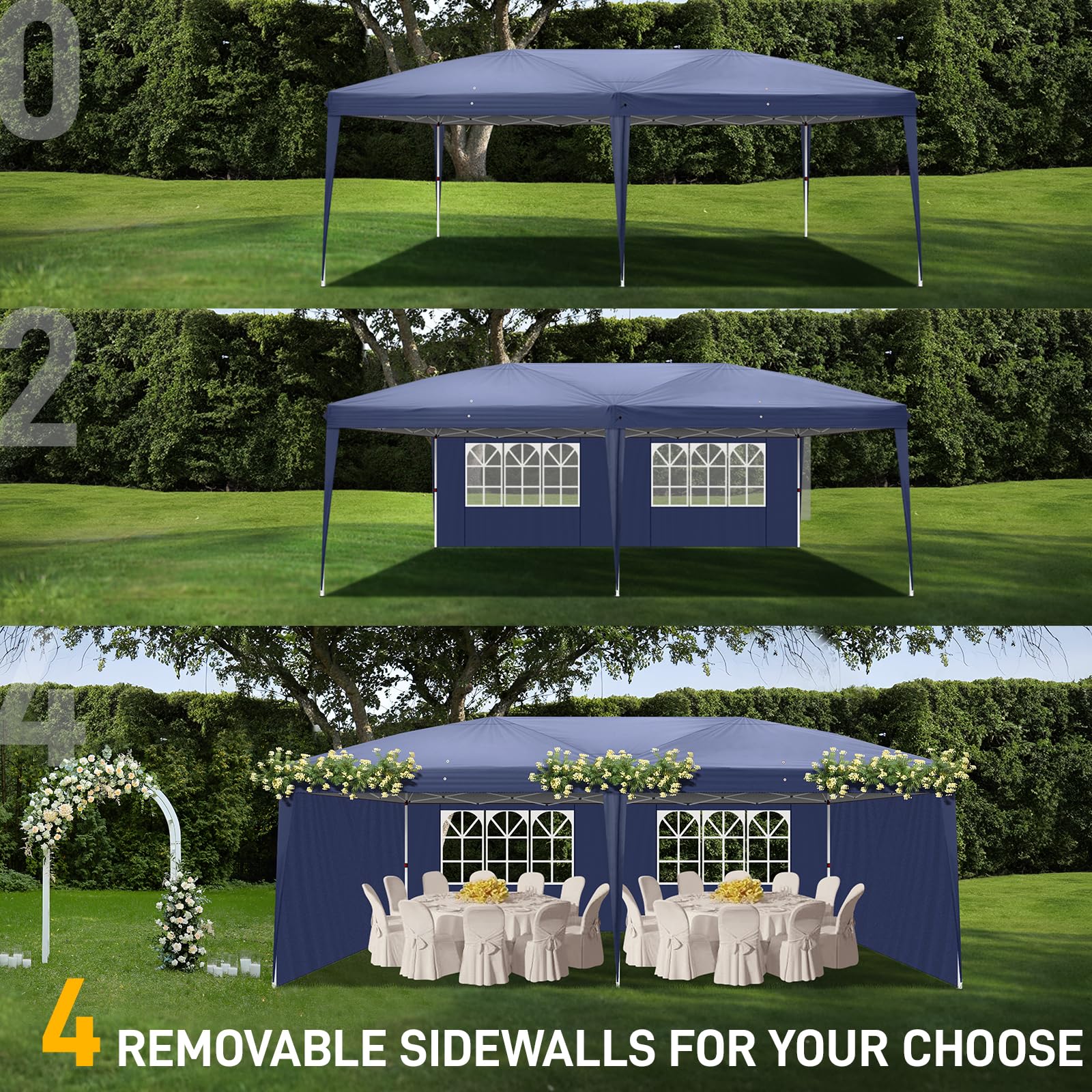 10x20 Ft Easy Pop Up Canopy Tent - Waterproof Outdoor Party Gazebo with Adjustable Height, 4 Removable Sidewalls & 2 Windows - Perfect for Backyard, Beach, Garden, Patio & Outdoor Events - Includes Carry Bag (Blue)