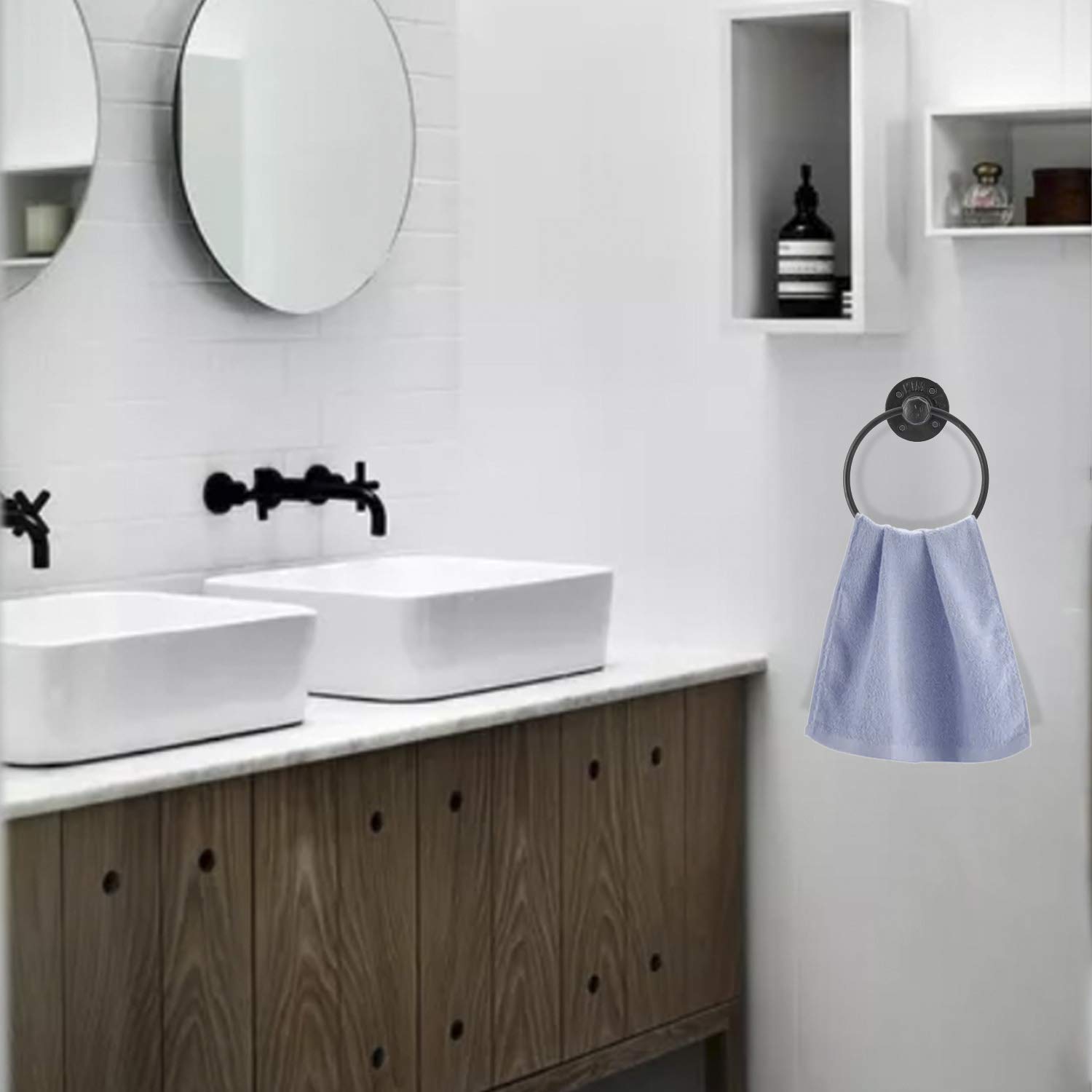 Black Metal Wall Mounted Towel Ring - Farmhouse Style for Bathroom & Kitchen