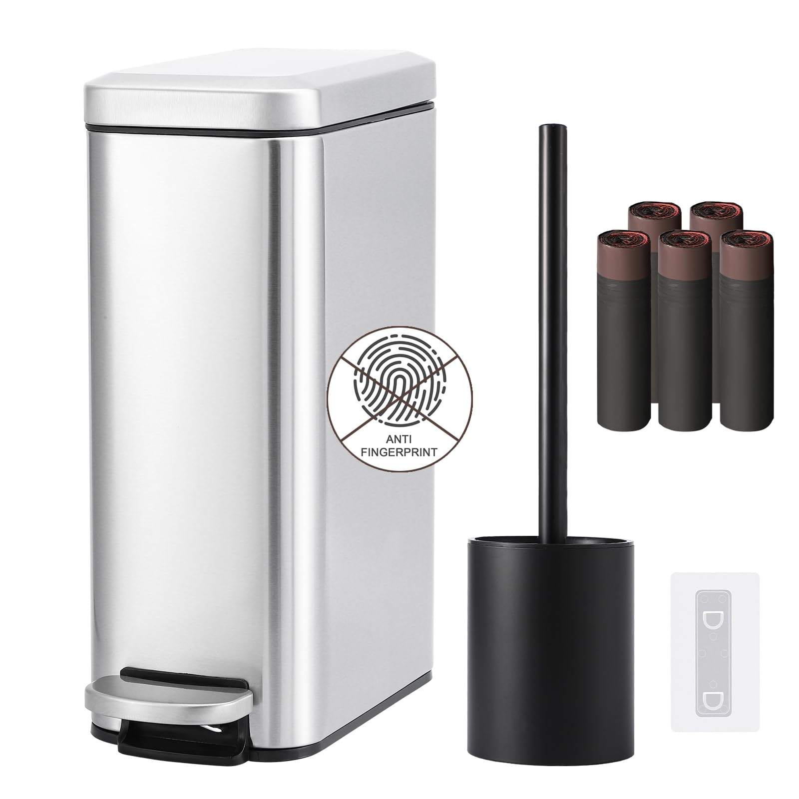 2.6 Gallon Stainless Steel Bathroom Trash Can with Lid & Toilet Brush Holder Set - 10L Silver Wastebasket for Office, Kitchen, Bedroom - Includes Trash Bags | Space-Saving Design for Narrow Spaces & Modern Bathroom Decor
