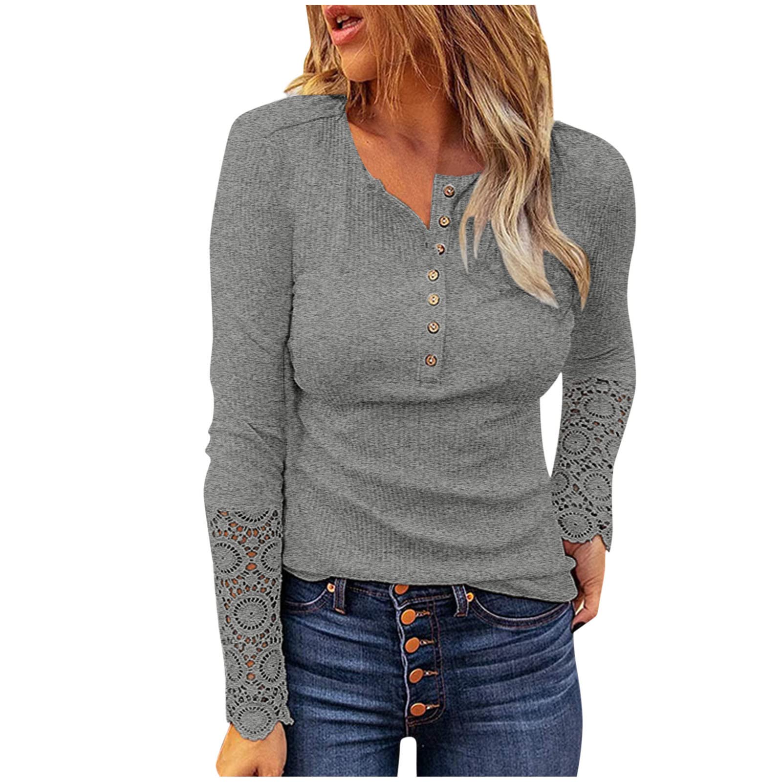 Women's Long Sleeve Henley Blouse - Sexy Solid Color Lace Stitching with Trendy Buttons & Round Neck | Perfect for Casual Outfits, Date Nights & Office Wear