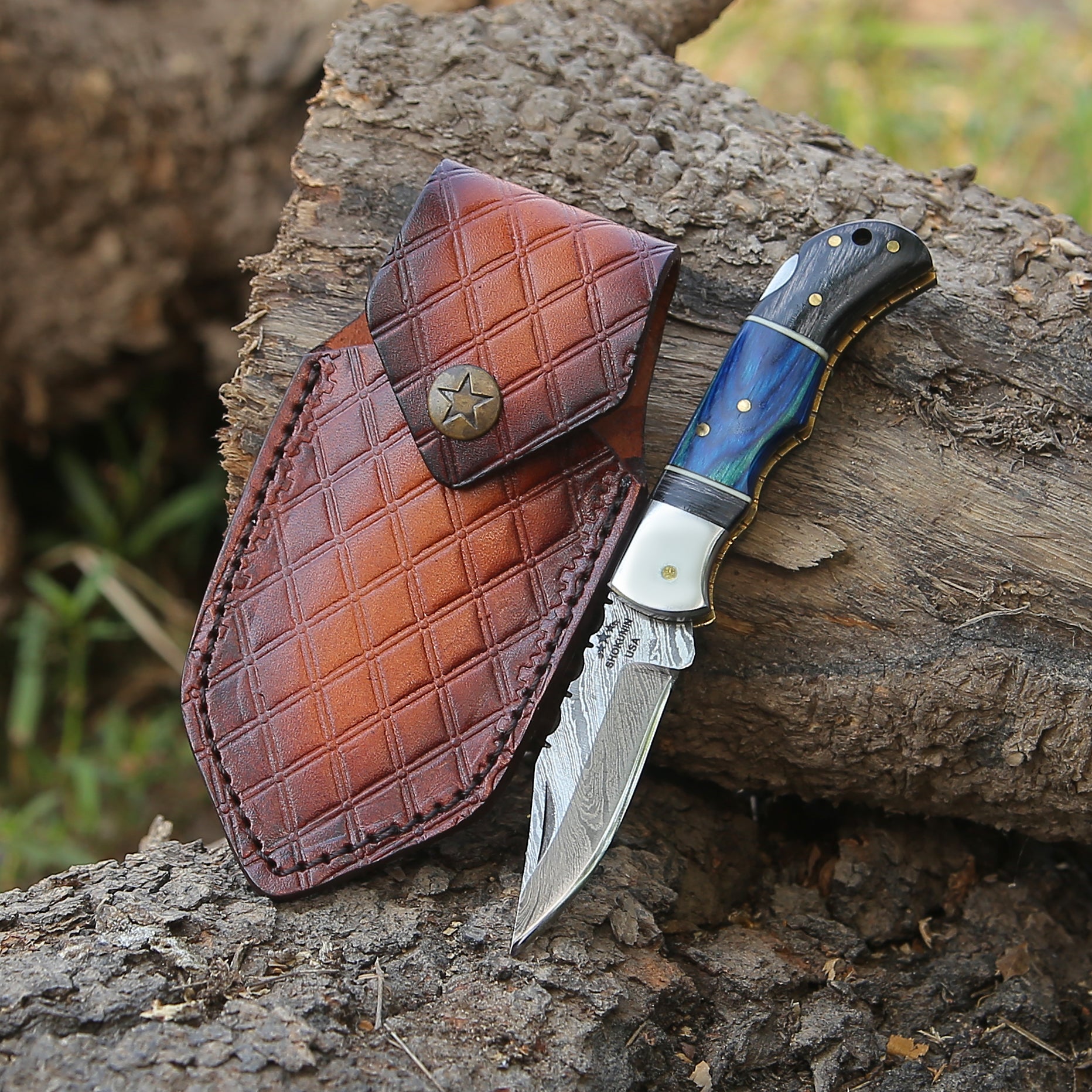 Premium Damascus Steel Folding Hunting Knife with Pakkawood Handle - Tactical Outdoor Survival, Camping, and Bushcraft Essential