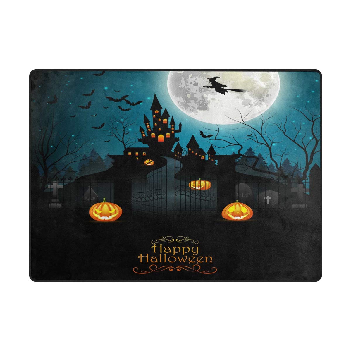 Happy Halloween Pumpkin Castle Moon Witch Tree Area Rug - 7' x 5' Halloween Decor Rug for Living Room, Bedroom, Dorm - Spooky Holiday Home Decor & Party Decoration
