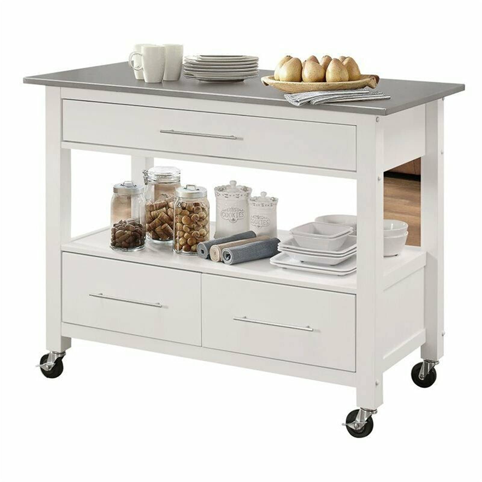 Stainless Steel Kitchen Island with White Base - Perfect for Small Spaces, Food Prep & Extra Storage | ADHW Kitchen Cart for Home & Restaurant Use