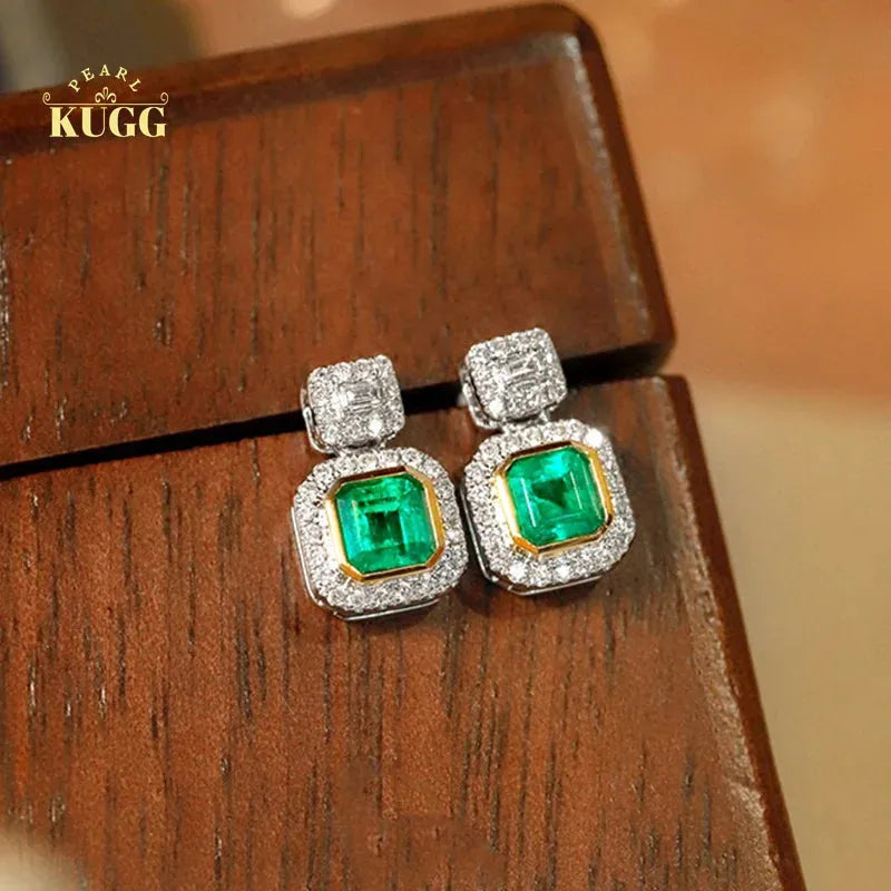 18K White & Yellow Gold Emerald Diamond Stud Earrings for Women - Elegant Wedding Jewelry Gift for Brides, Anniversary & Special Occasions
