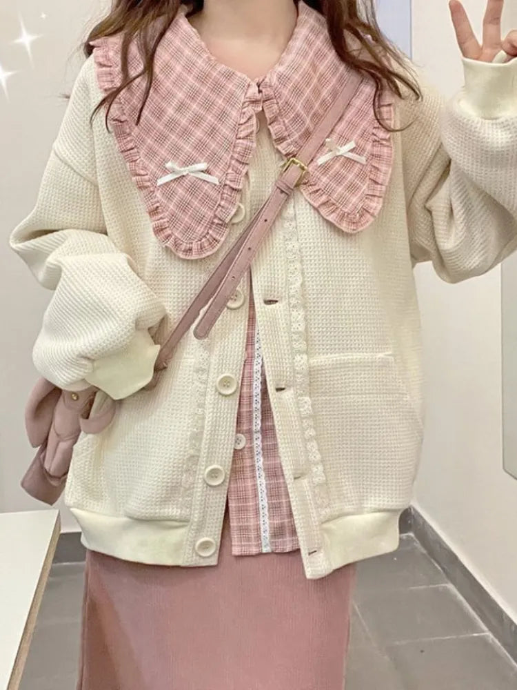 Japanese Kawaii 3-Piece Women's Outfit - Elegant Bow Midi Skirt Suit Set in Pink Plaid | Korean Fashion Style for Parties, Dating & Autumn 2024 | Perfect for Office Wear, Tea Dates & Special Occasions